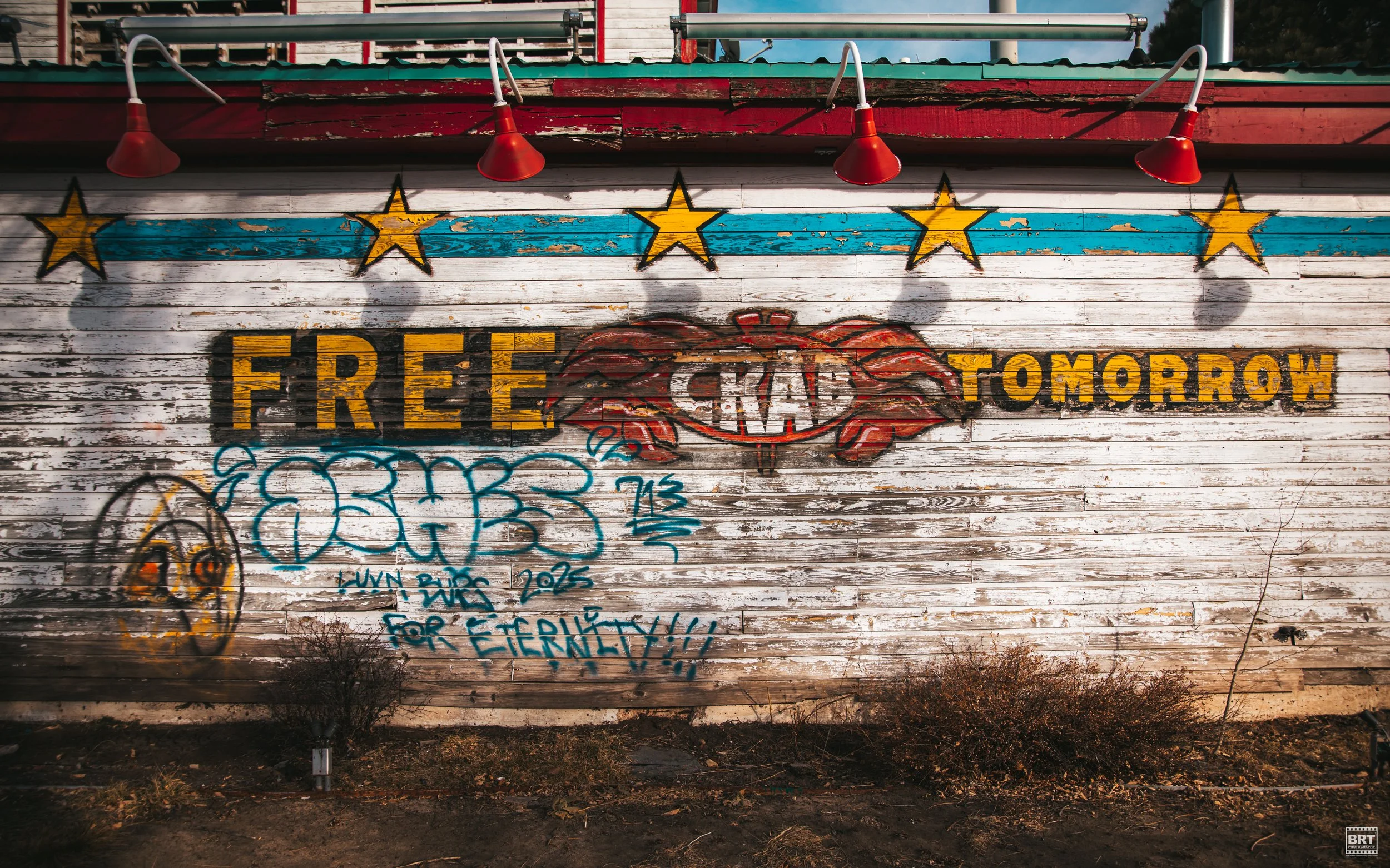 Graffiti on a wooden wall with red lights overhead, revealing the words 'FREE TOMORROW' and various tags, symbols, and drawings.