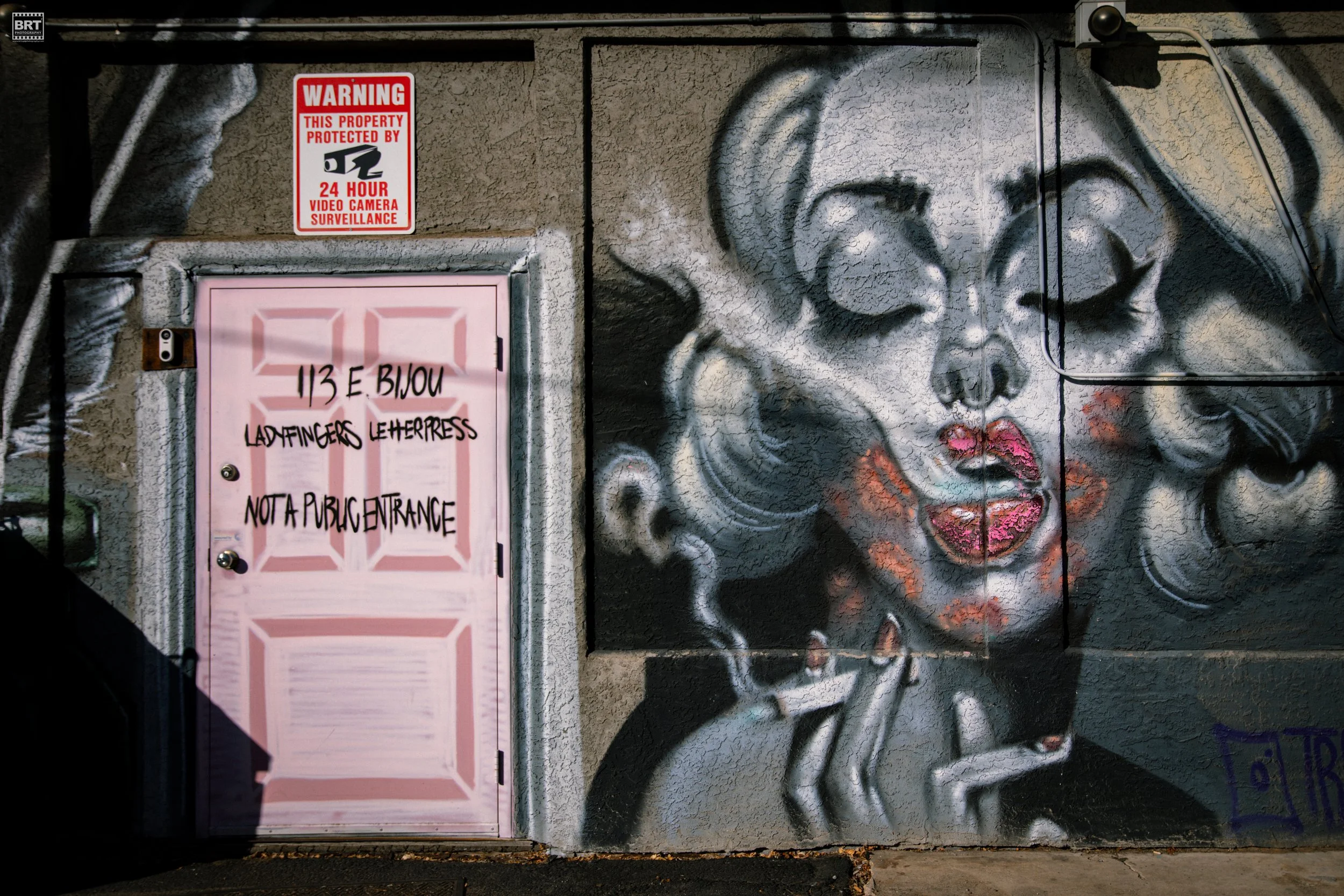 Street art mural of a woman with blonde hair and red lipstick smoking a cigarette, with a pink door on the left side printed with the address and warning signs. The mural is painted on a textured wall.