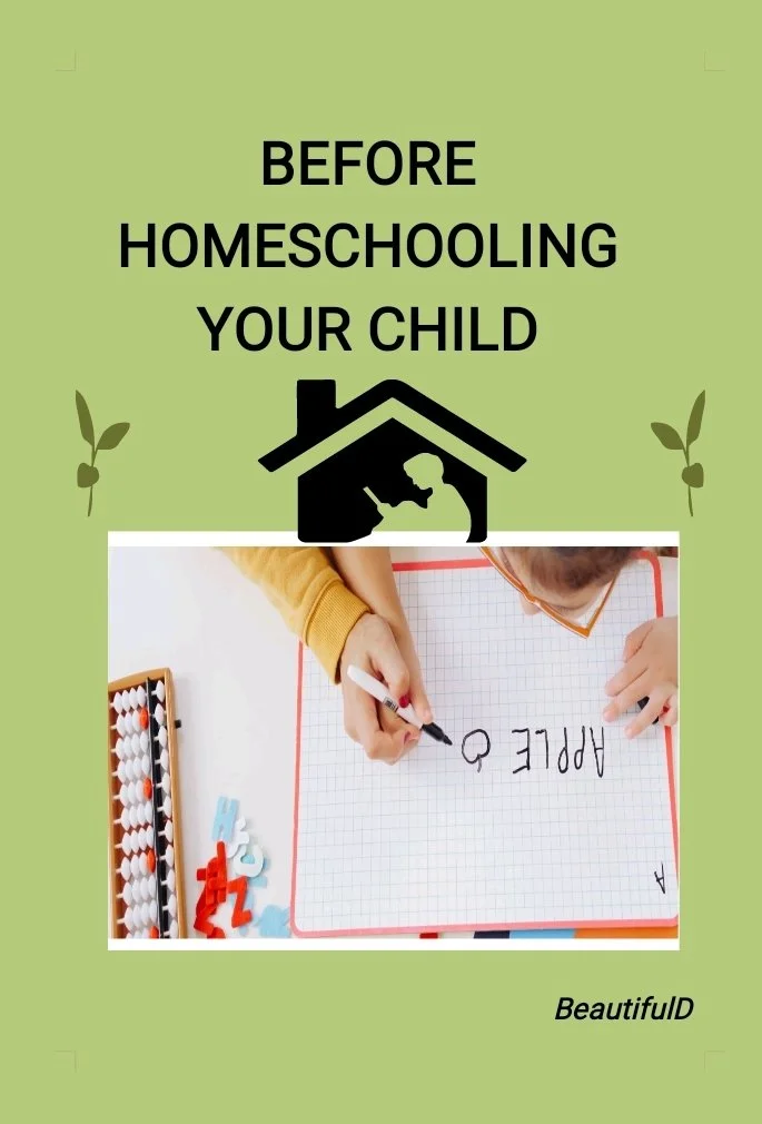 Pale green ebook cover titled "Before Homeschooling Your Child" showing a silhouette of a boy reading on the floor of a one-bedroom house.