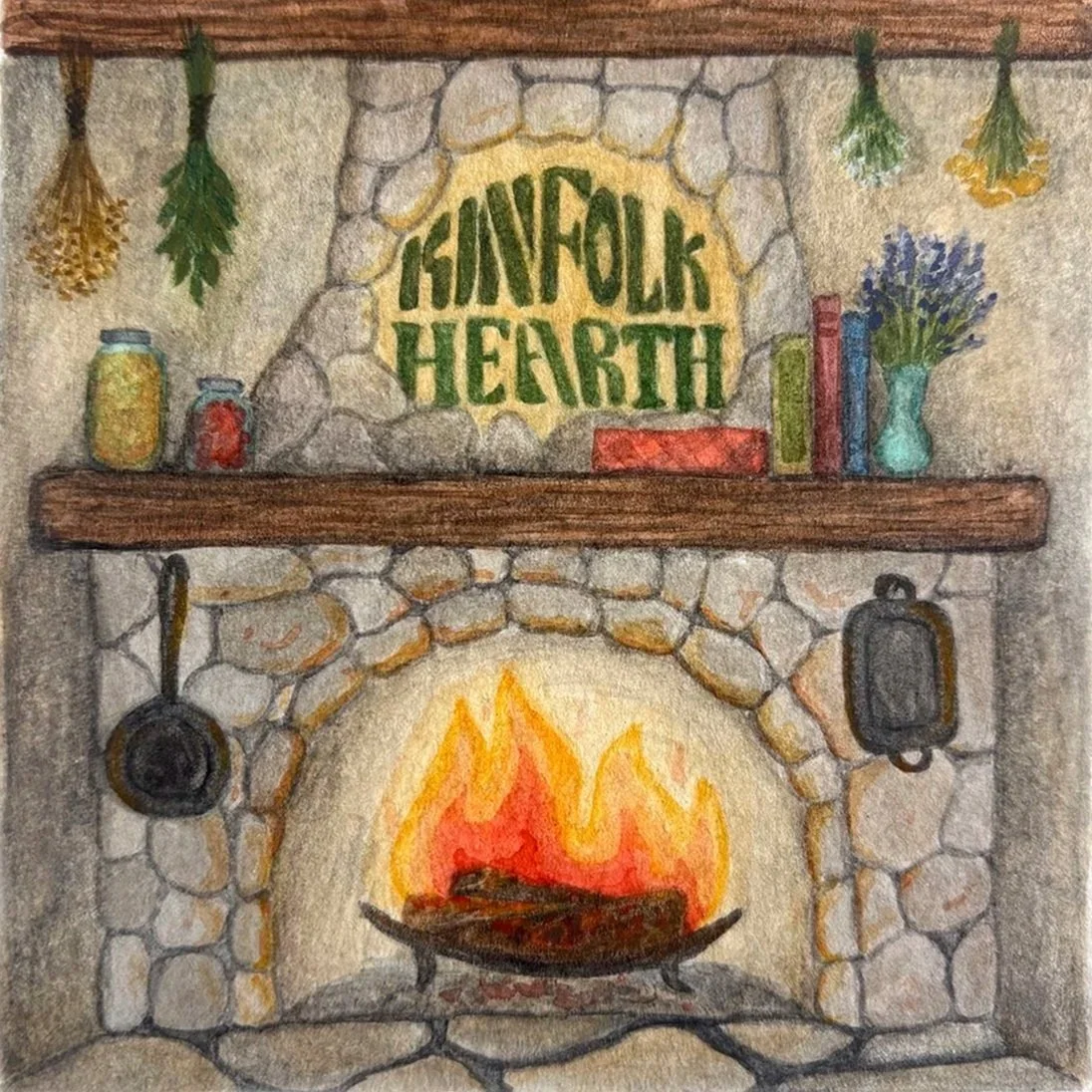 A cozy stone fireplace with a fire burning, decorated with a wooden mantel holding jars, books, and vases of flowers, with dried herbs hanging above and a sign reading 'Khanfolk Hearth' in the center.