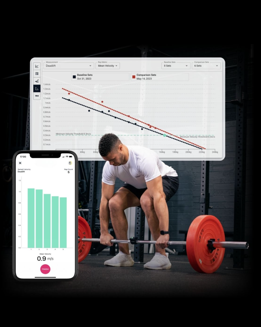Man completing his fitness profiling, performing deadlift exercise, with data charts and phone showing workout metrics in background.
