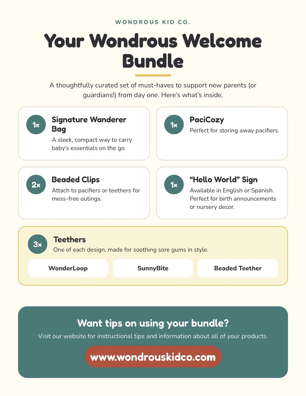 An informational flyer for Wondrous Kid Co. shows a curated set of baby products for new parents, including a signature wanderer bag, pacicozy, beaded clips, a hello world sign, and multiple teether designs, with the website link www.wondrouskidco.com.