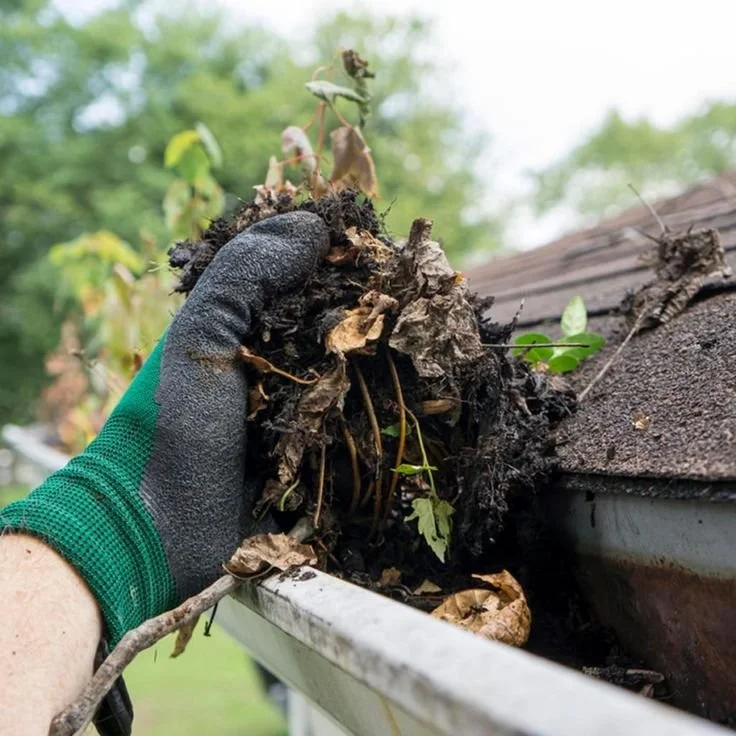 A person wearing a black glove holding a clump of soil, roots, and small plants near a house gutter and roof, with a background of trees and sky.