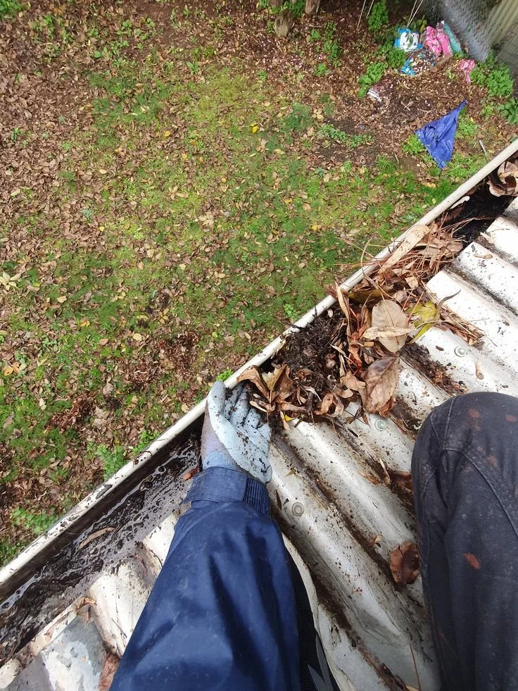 Person wearing gloves sitting on the edge of a metal roof, clearing leaves and debris. Ground below has grass and fallen leaves, with some old trash and a blue umbrella in the background.