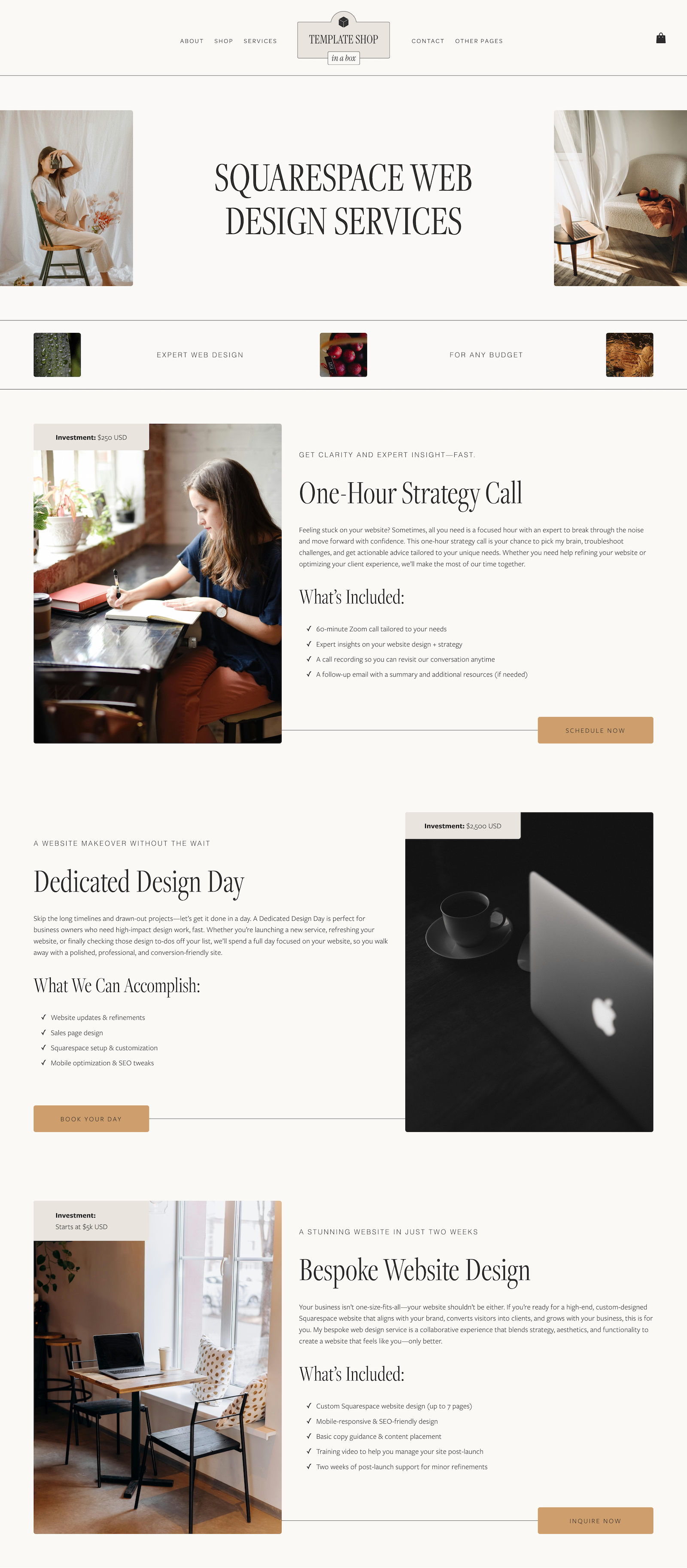 Screenshot of a website homepage for a web design service called 'Squarespace Web Design Services' showcasing three packages: one-hour strategy call, dedicated design day, and bespoke website design, with images of people working and working spaces.
