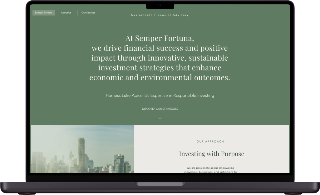 Screenshot of Semper Fortuna website homepage, featuring green and white color scheme with text about driving financial success through sustainable investment strategies.