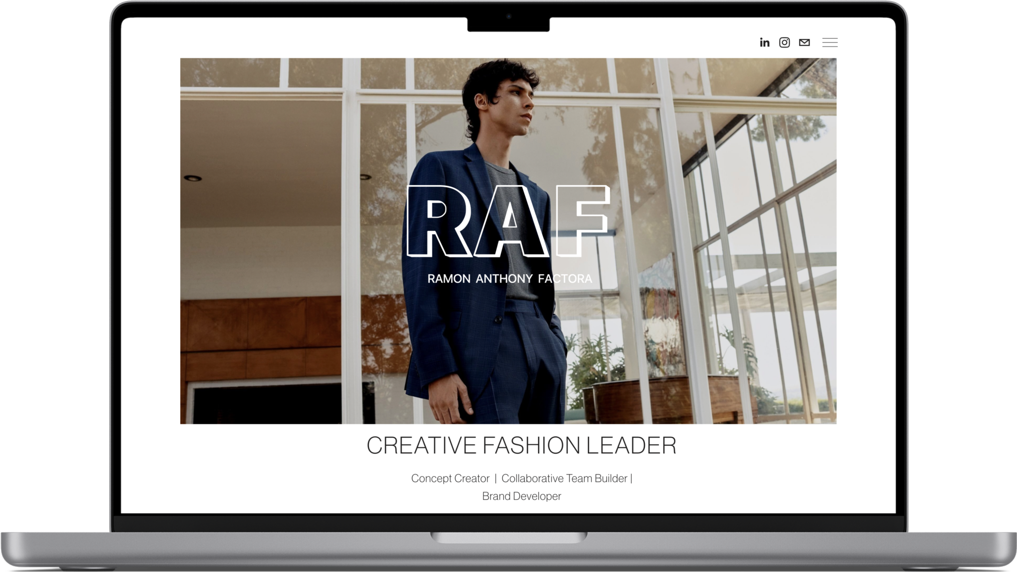 Computer screen displaying a professional webpage for Ramon Anthony Factora, a creative fashion leader, with a photo of a young man in a blue suit standing in front of a glass building.