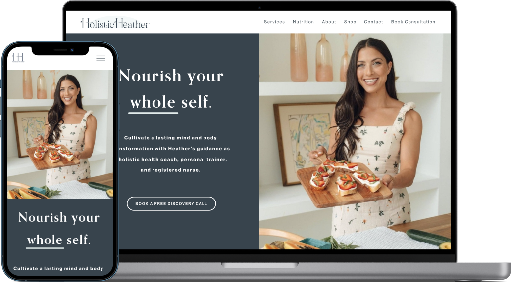 A woman in a floral dress smiling and holding a wooden tray of small sandwiches, standing in a room with shelves and framed artwork, displayed on a computer and smartphone screens.