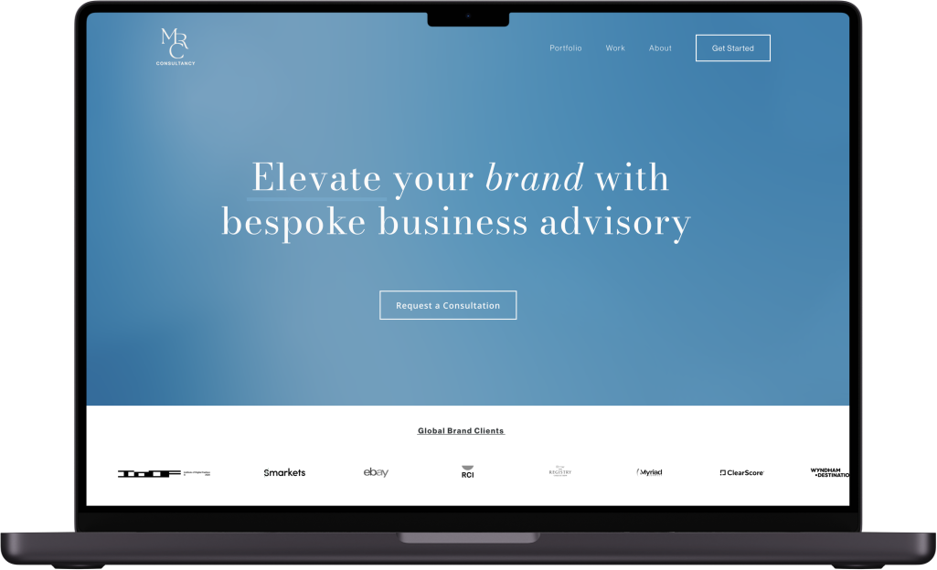 Website homepage for a consultancy business with a blue background, white text, and a call-to-action button that says 'Request a Consultation'. Features include navigation links for Portfolio, Work, About, and Get Started, and logos of global brand clients at the bottom.
