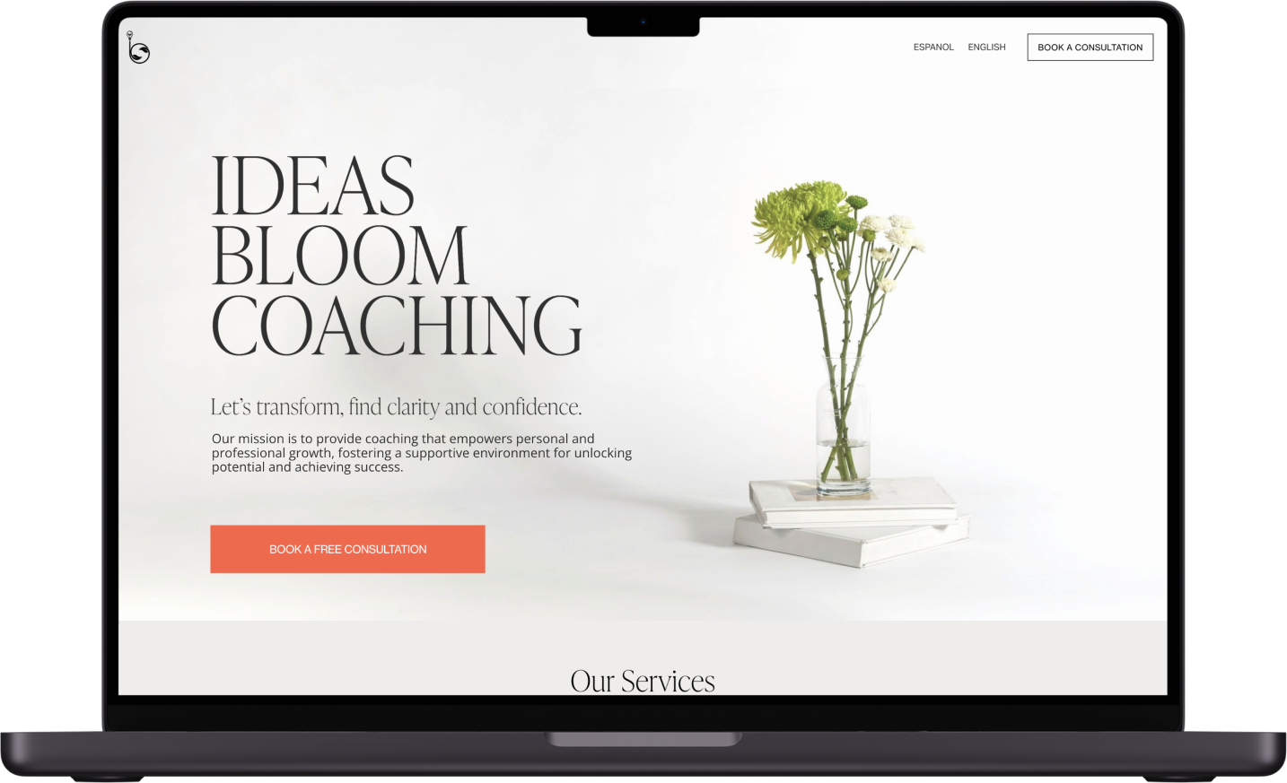 Website homepage for a coaching service with the title "Ideas Bloom Coaching" and a subtitle "Let's transform, find clarity and confidence." Features a vase with flowers on the right and a "Book a Free Consultation" button in orange.