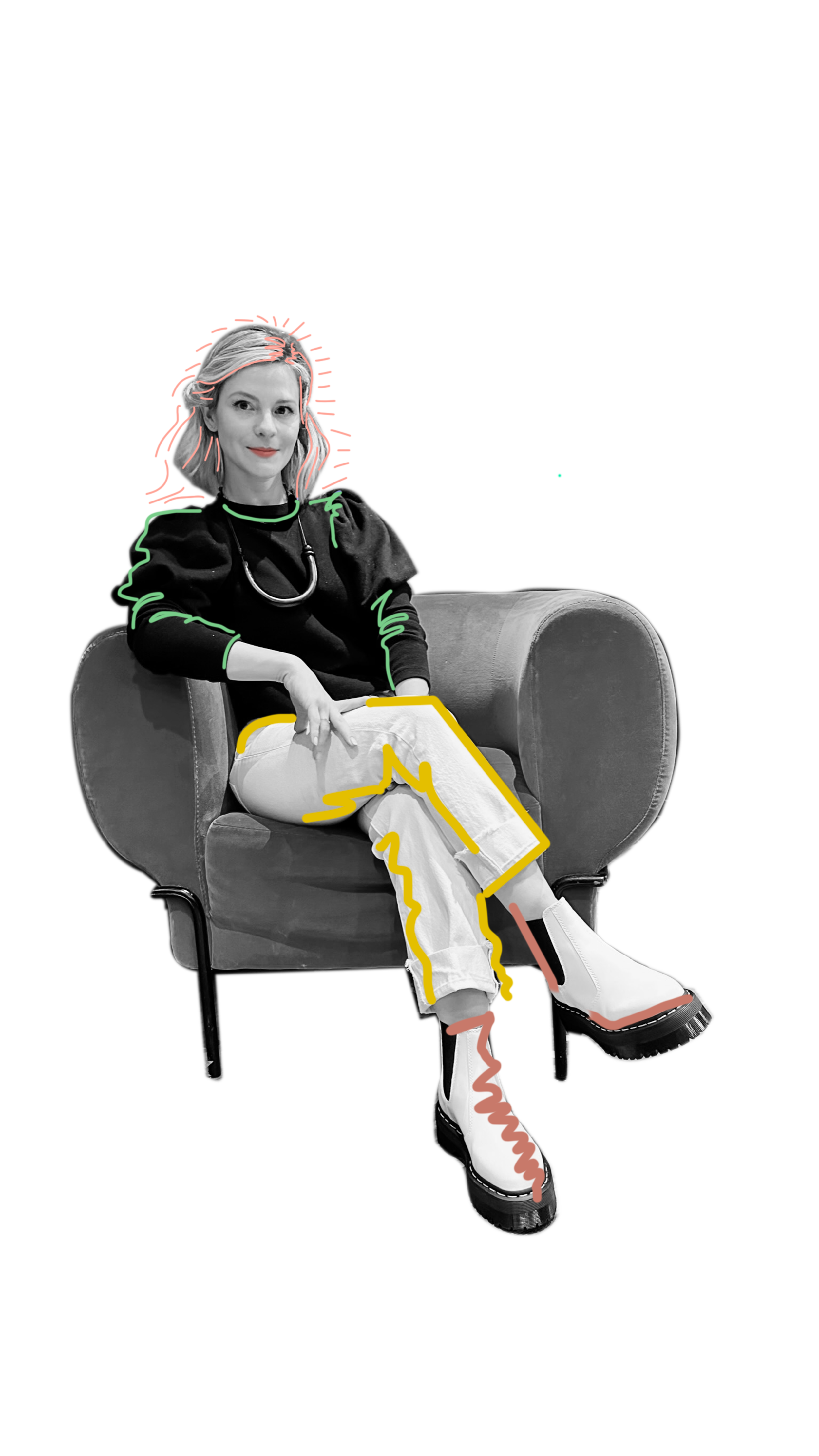 Black and white photo of a woman sitting on a chair, with colored outlines highlighting her hair, top, pants, and boots.