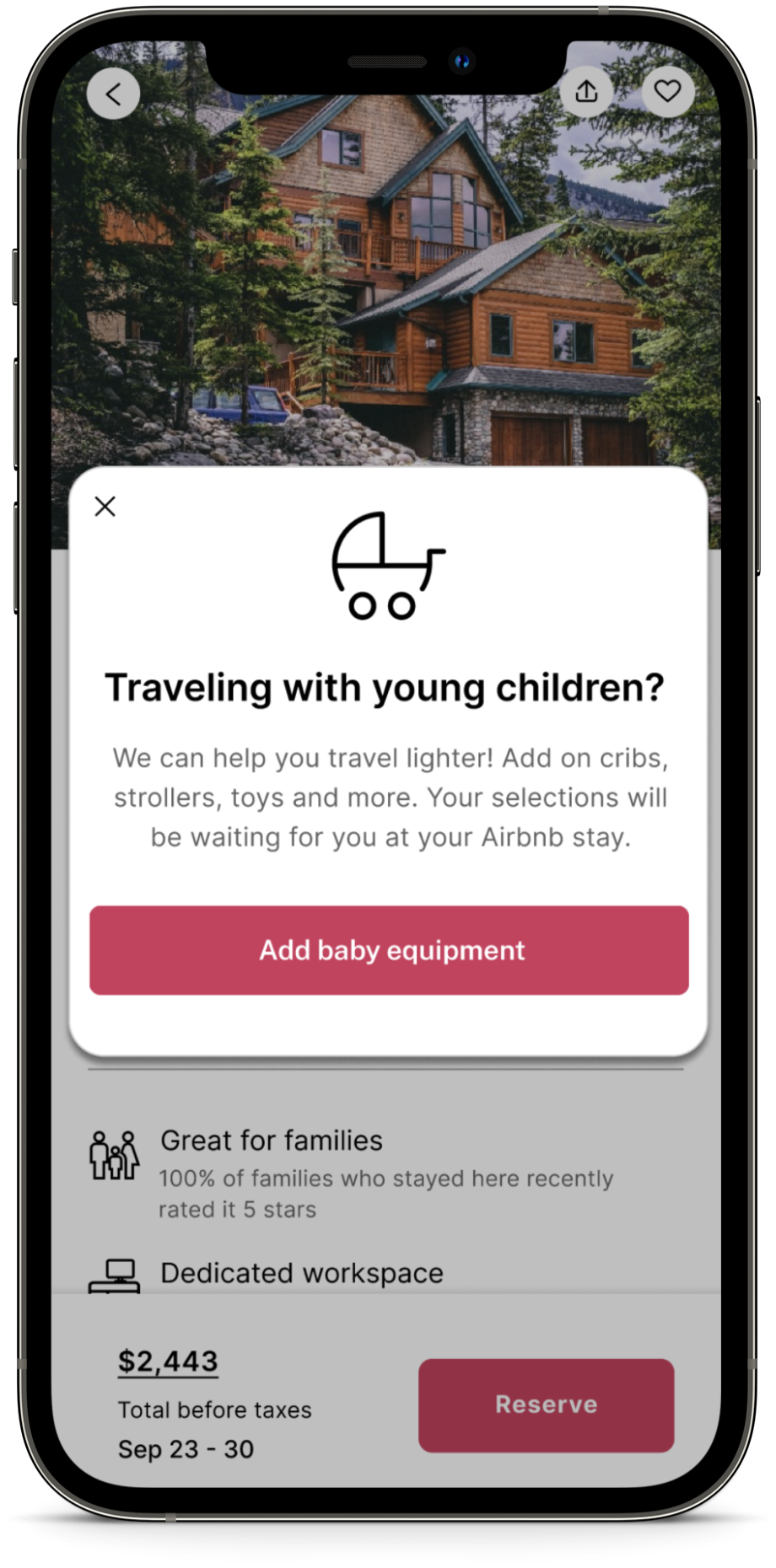 A mobile screen displaying a travel booking app with an ad about traveling with young children, featuring a background image of a wooden house in a forested area.