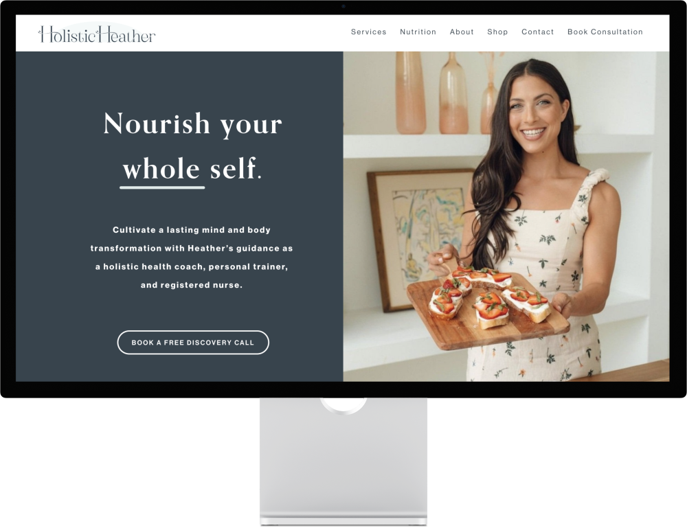 Website homepage for Holistic Heather, a health coach. The page features a smiling woman in a dress holding a tray of appetizers, with navigation links at the top and a call-to-action button for a free discovery call.