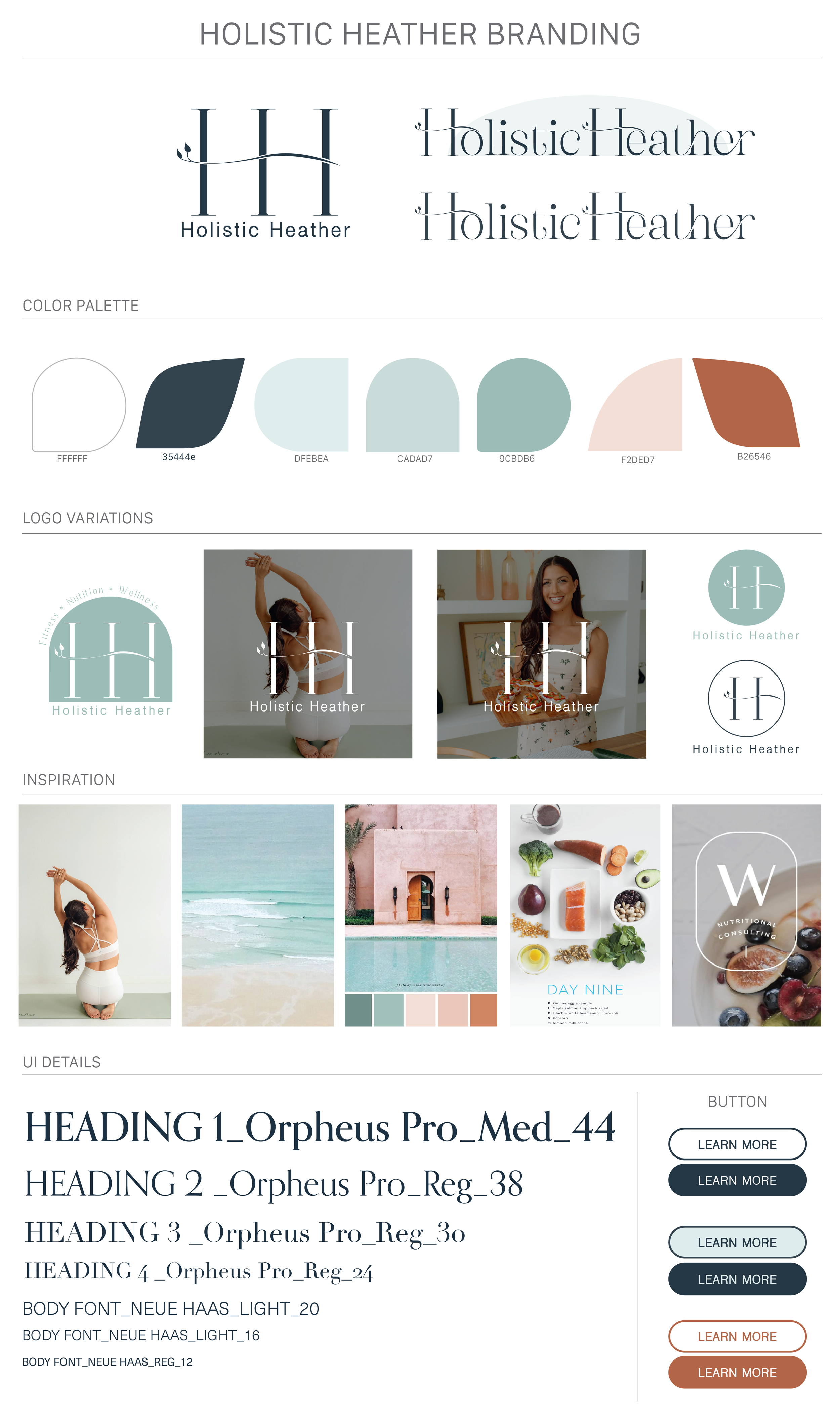 A branding guide for Holistic Heather featuring logos, color palette, logo variations, inspiration images, and typography details.