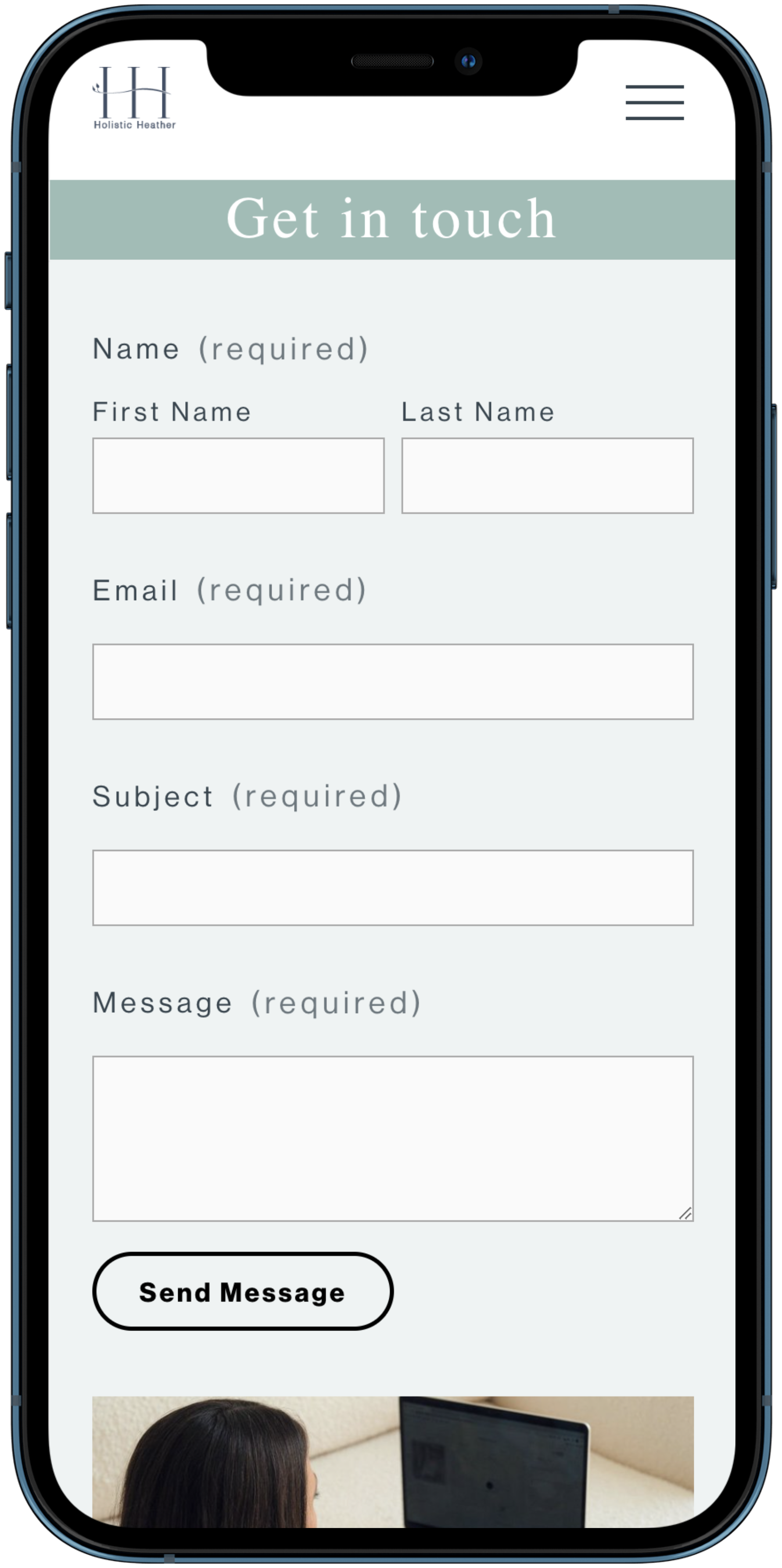 Mobile phone screen displaying a contact form titled "Get in touch" with fields for name, email, subject, and message, and a "Send Message" button, with a partial image of a woman using a laptop below.