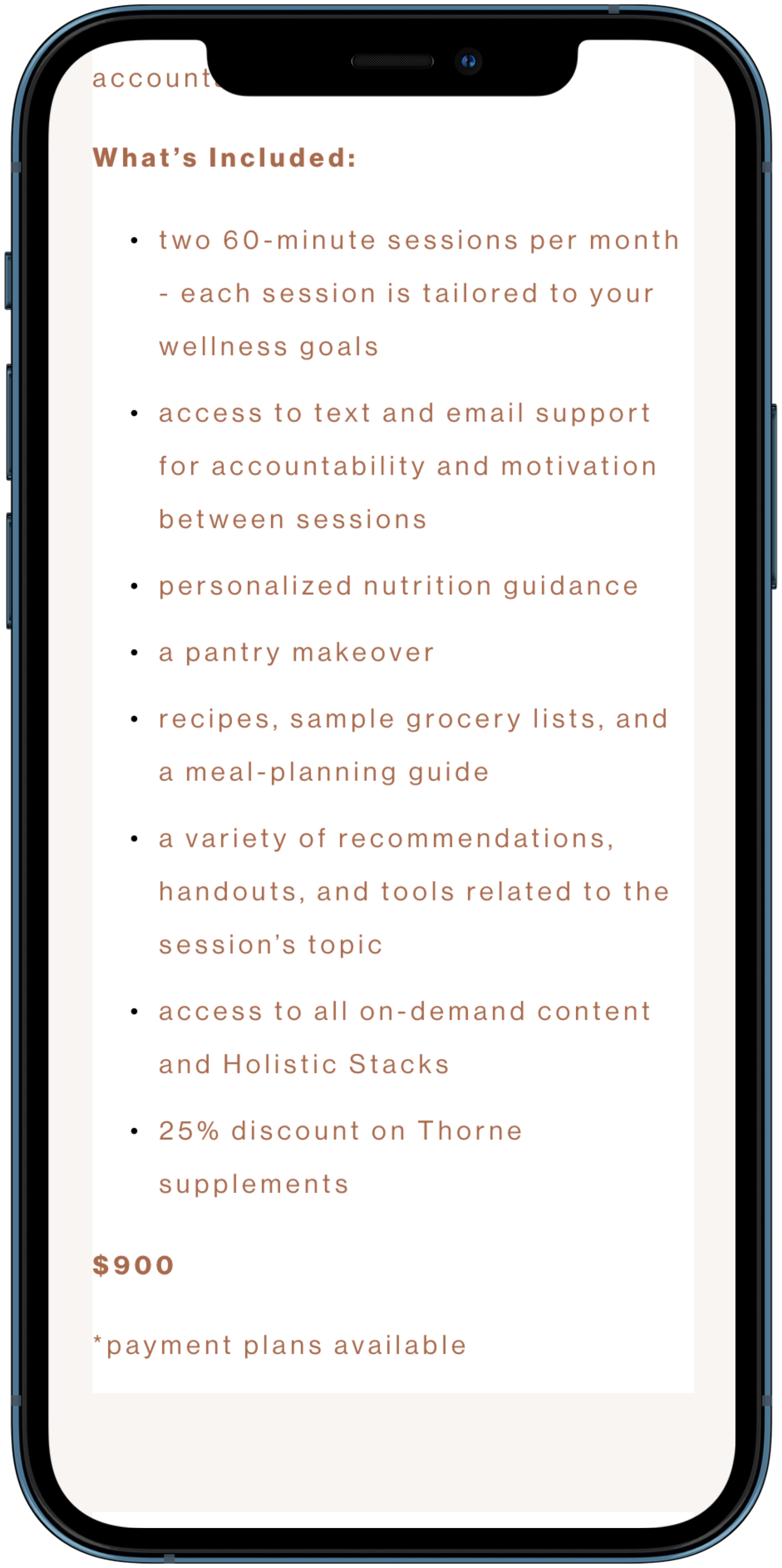 Screenshot of a webpage detailing wellness program features including sessions, support, nutrition guidance, meal planning, recommendations, content access, and discounts, priced at $900.