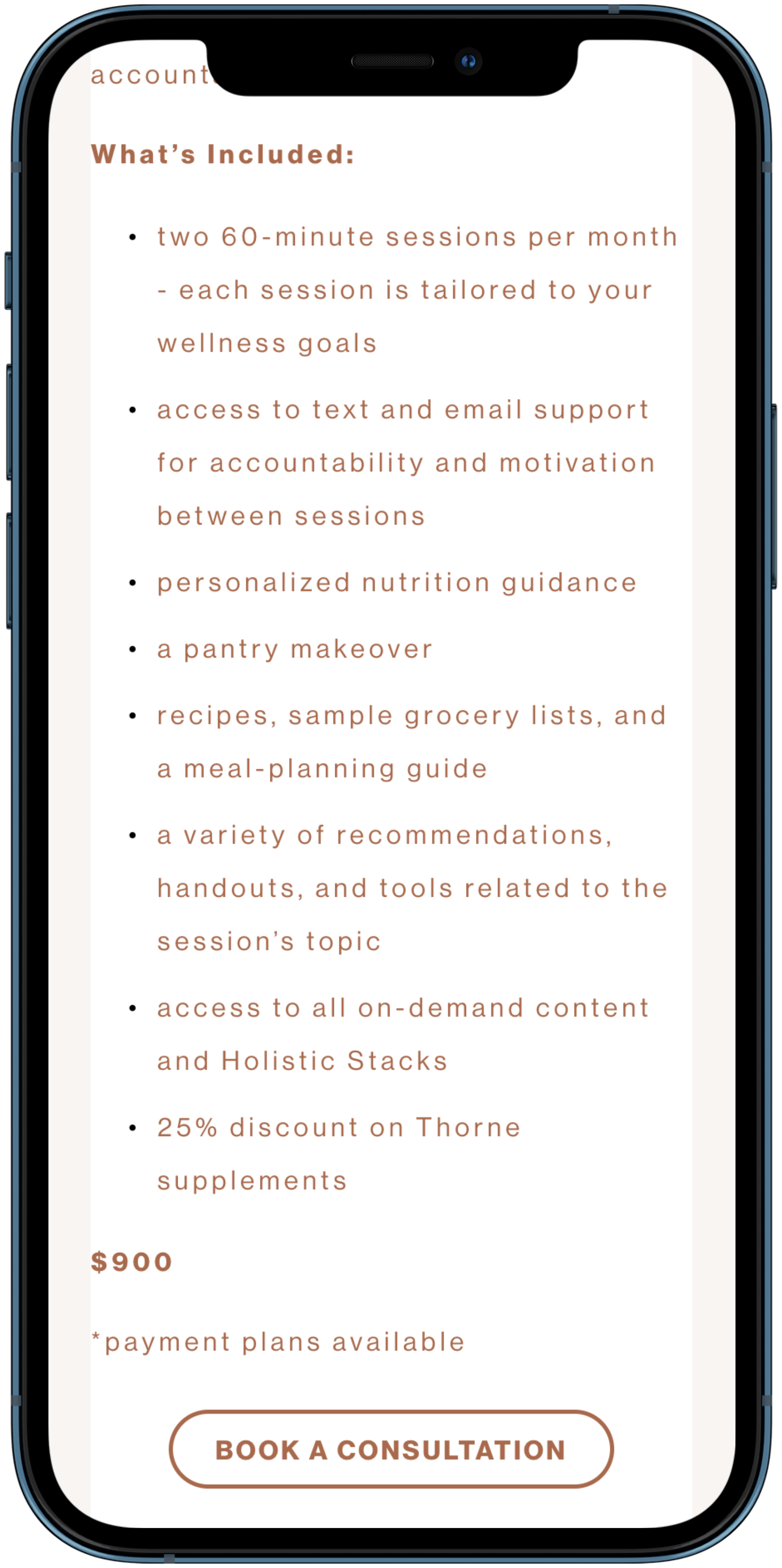 Screenshot of a mobile website describing a wellness program with details on sessions, support, nutrition, recipes, resources, and a discount, and a 'Book a Consultation' button.