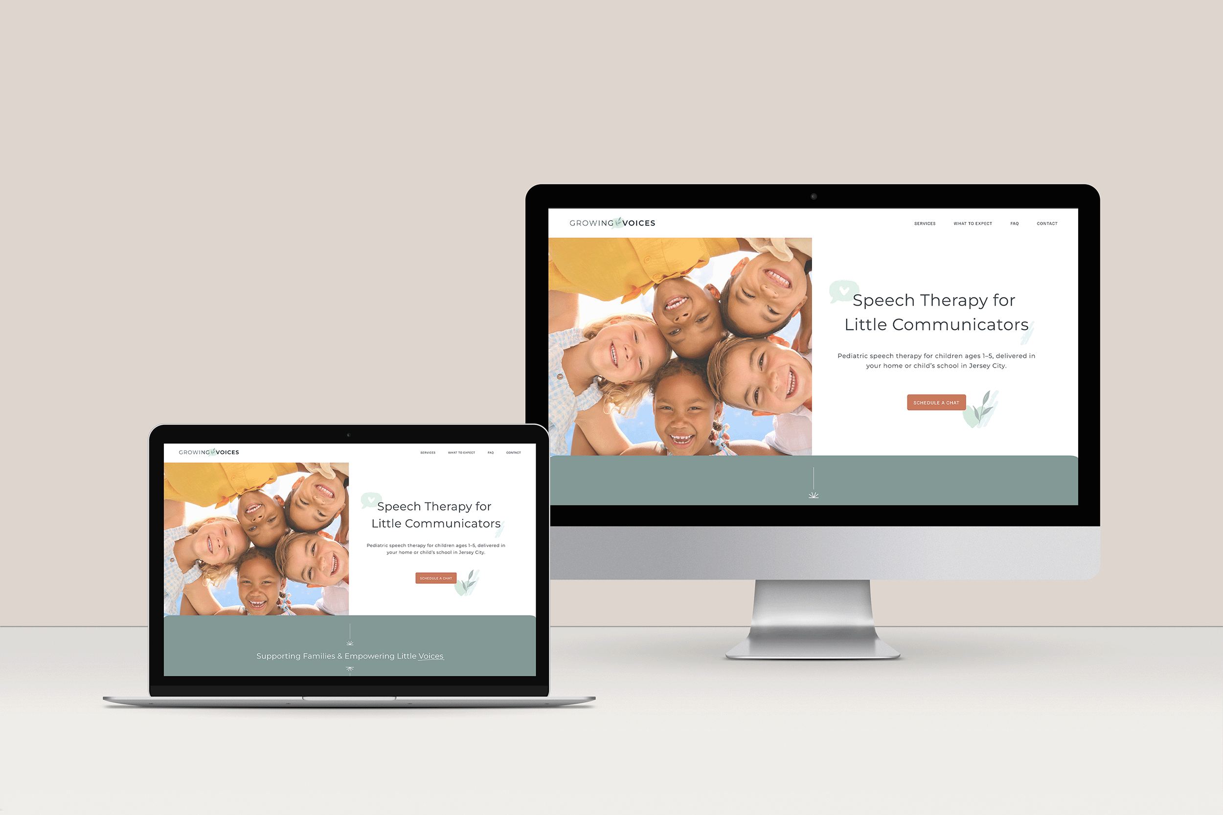 Website homepage displayed on a desktop and laptop screen featuring a color photo of smiling children, with text about speech therapy for little communicators.