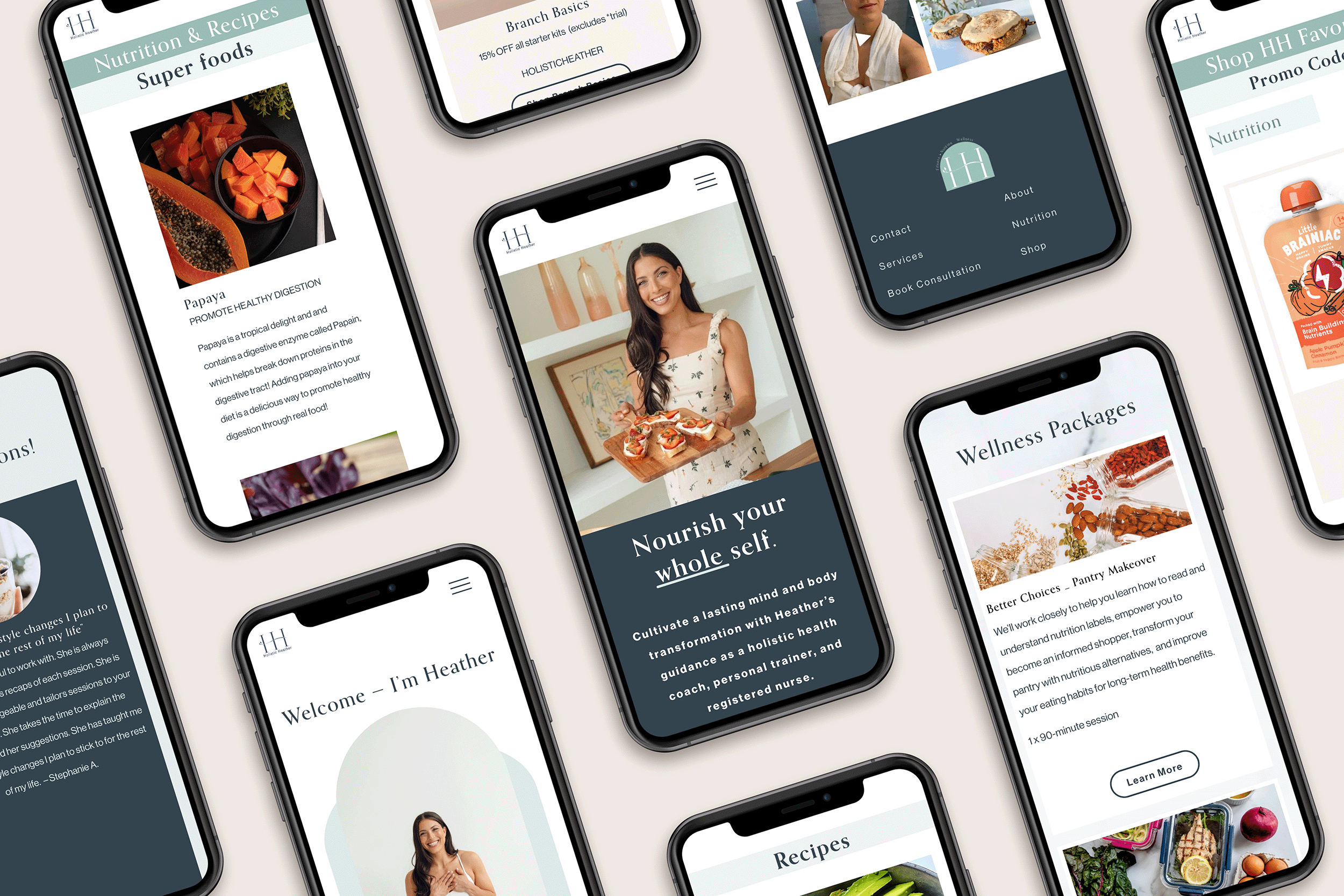 Multiple smartphones displaying various health and wellness website screens, including recipes, nutrition, wellness packages, and an about page, arranged on a light background.