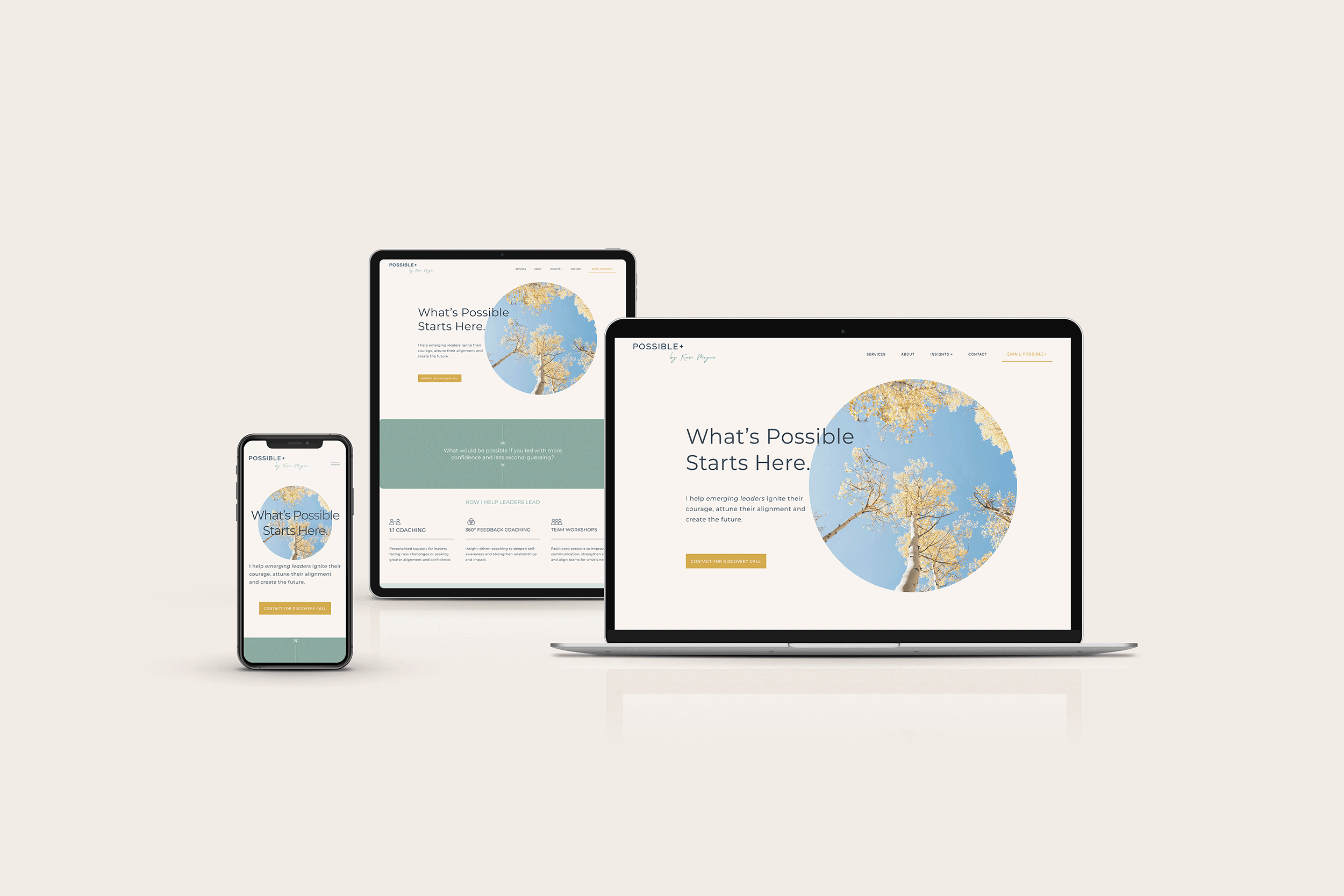 A website displayed across multiple devices (smartphone, tablet, laptop) with a clean, minimalistic design featuring a circular image of tree top view against a blue sky and text that reads 'What's Possible Starts Here.'