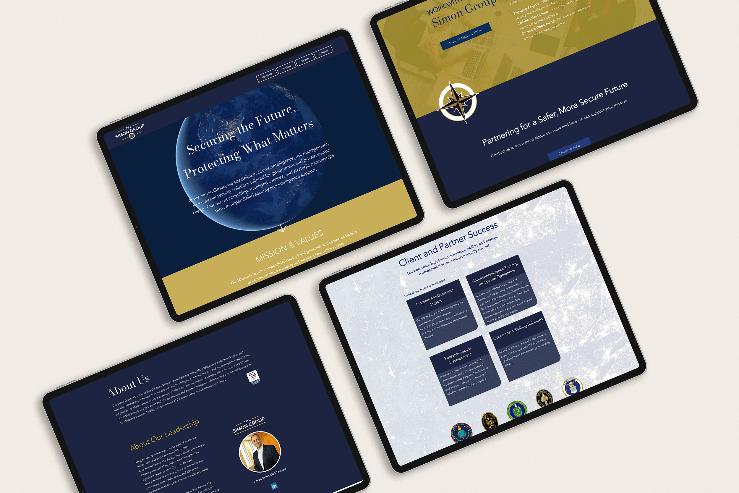 Four tablet screens displaying a website for The Simon Group, with navy and gold color schemes, featuring sections on their mission, values, client success, about us, and leadership, including logos and icons.