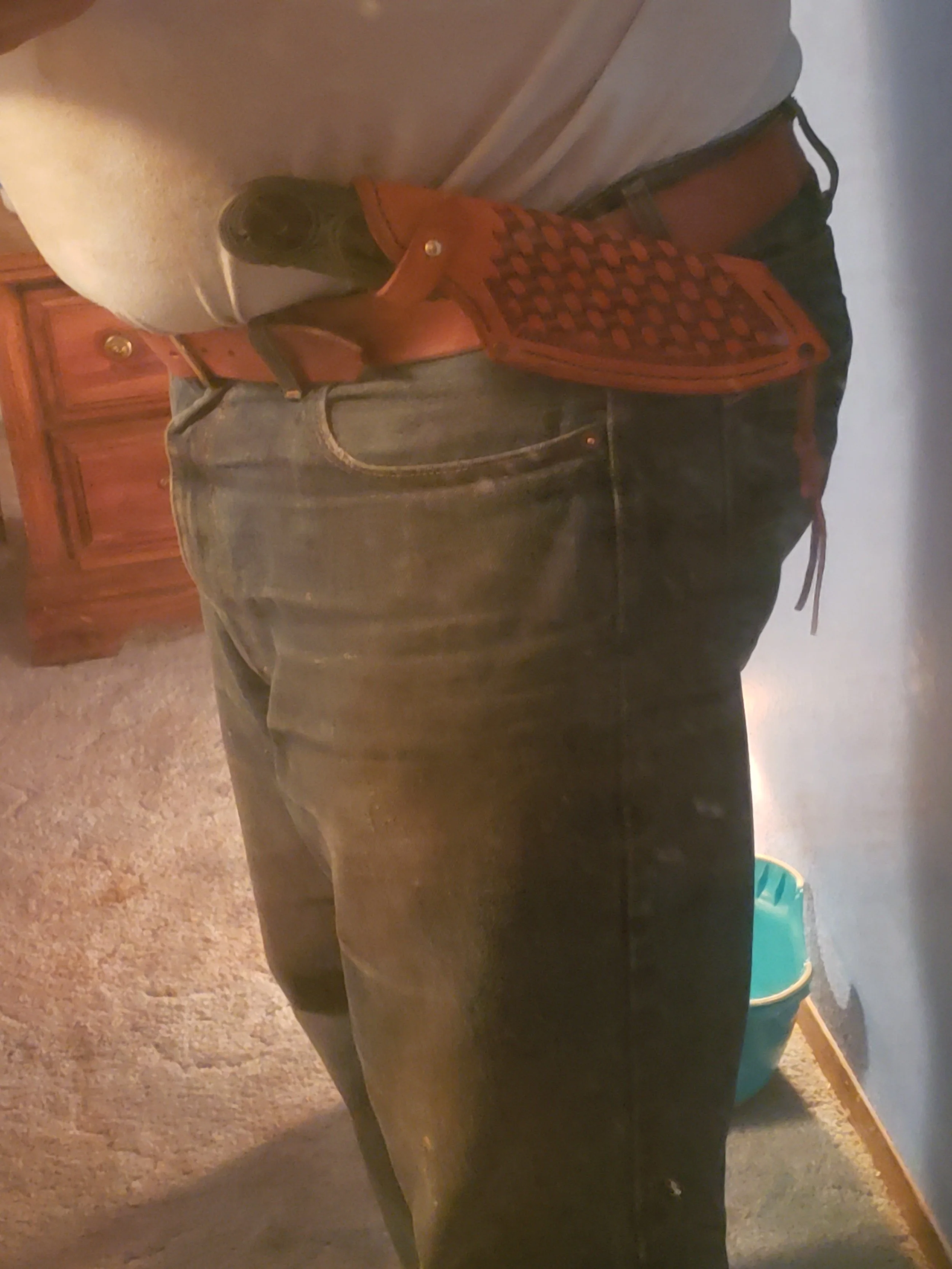 Close-up of custom off-side leather knife sheath