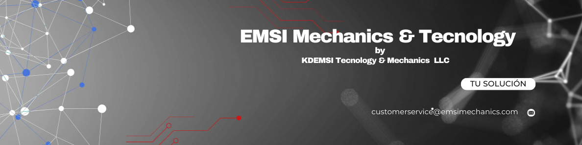 Portada de una presentación titulada 'EMSI Mechanics & Technology' por KDEMISI Technology & Mechanics LLC, con fondo gris oscuro, gráficos de nodos y conexiones en azul y blanco en la izquierda y en la derecha líneas y puntos en forma de red