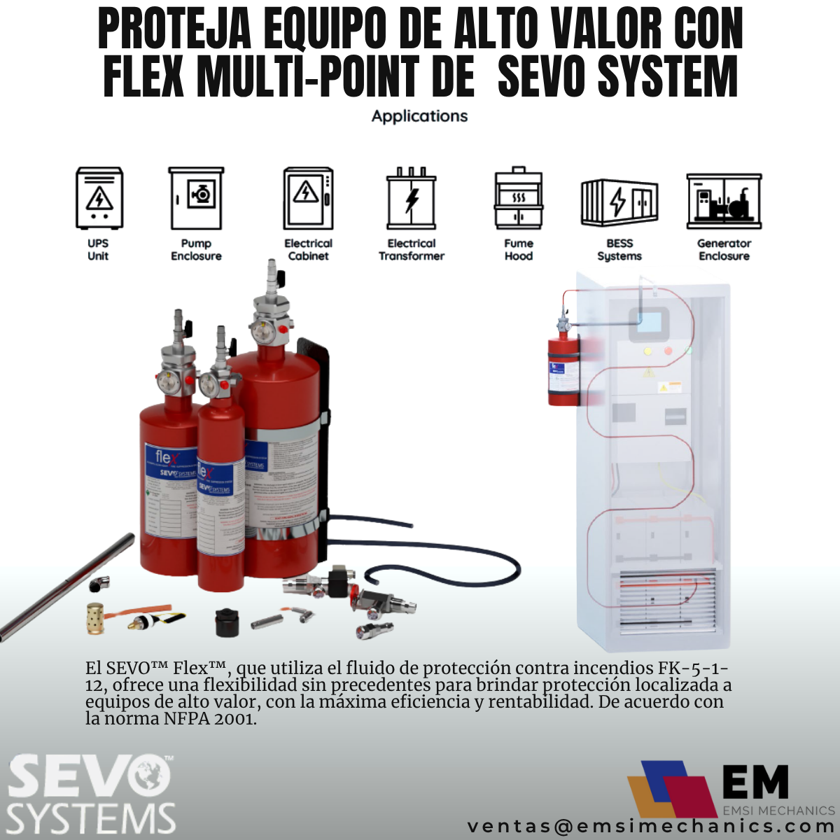 Diagrama de componentes de un sistema de protección contra incendios con un sistema de válvula de alta calidad, incluyendo unidades UPS, carcasa de bomba, gabinete eléctrico, transformador eléctrico, campana de humo, sistemas BESS y carcasa de generador. También muestra la instalación de freflex y sus aplicaciones.