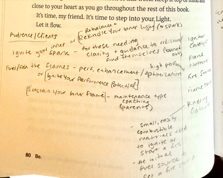 Handwritten notes and annotations on a book page about enhancing performance and lighting, with references to ignition, flames, and sustainability.