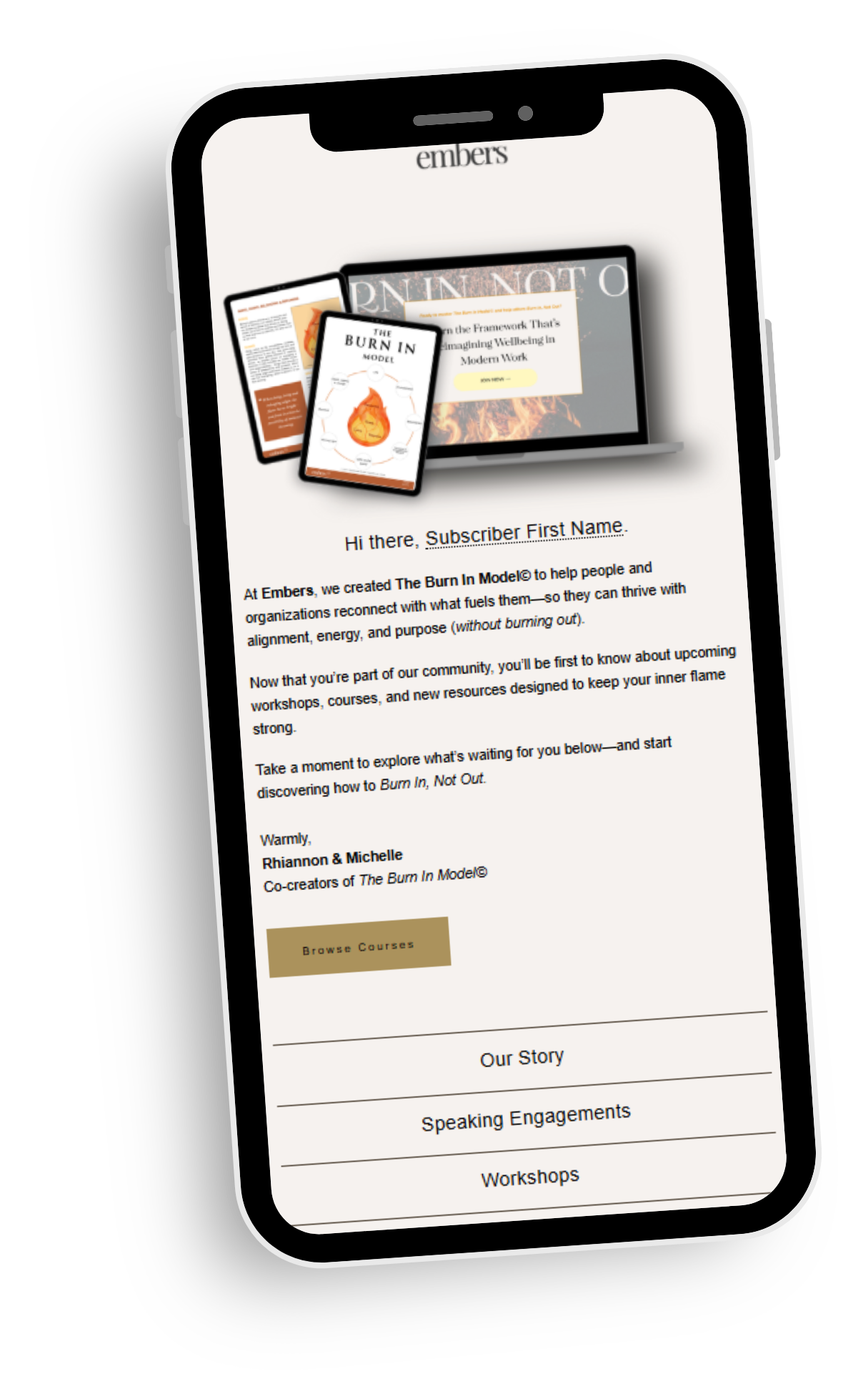A smartphone displaying an email newsletter from Embers about The Burn In Model, with images of digital devices and course information.