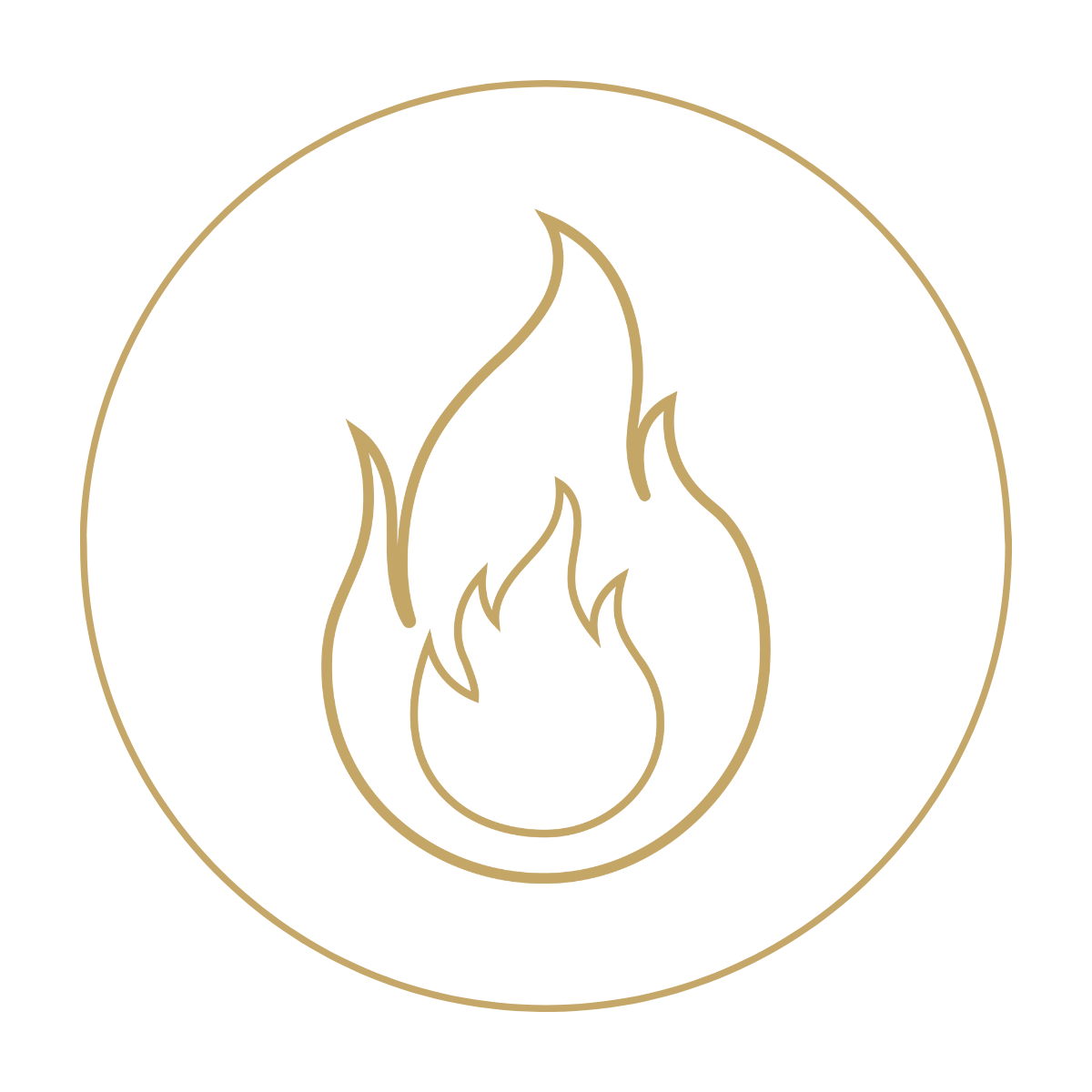 A minimalistic line drawing of a flame enclosed in a circle, illustrated in a gold color.