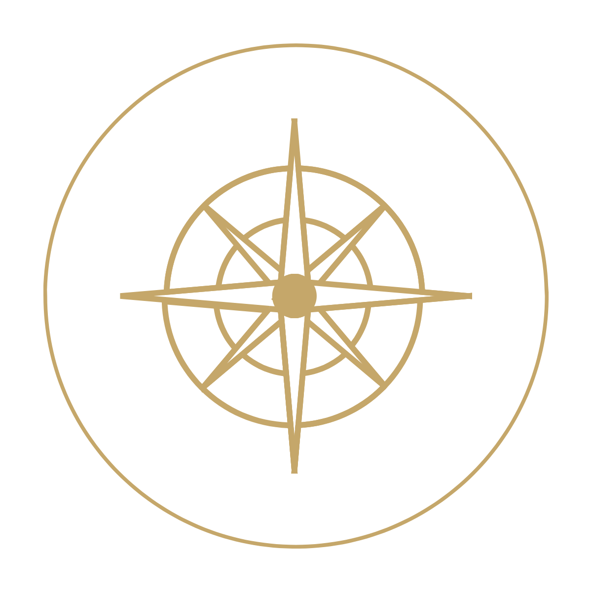A gold-colored compass rose featuring eight main points on a white background.