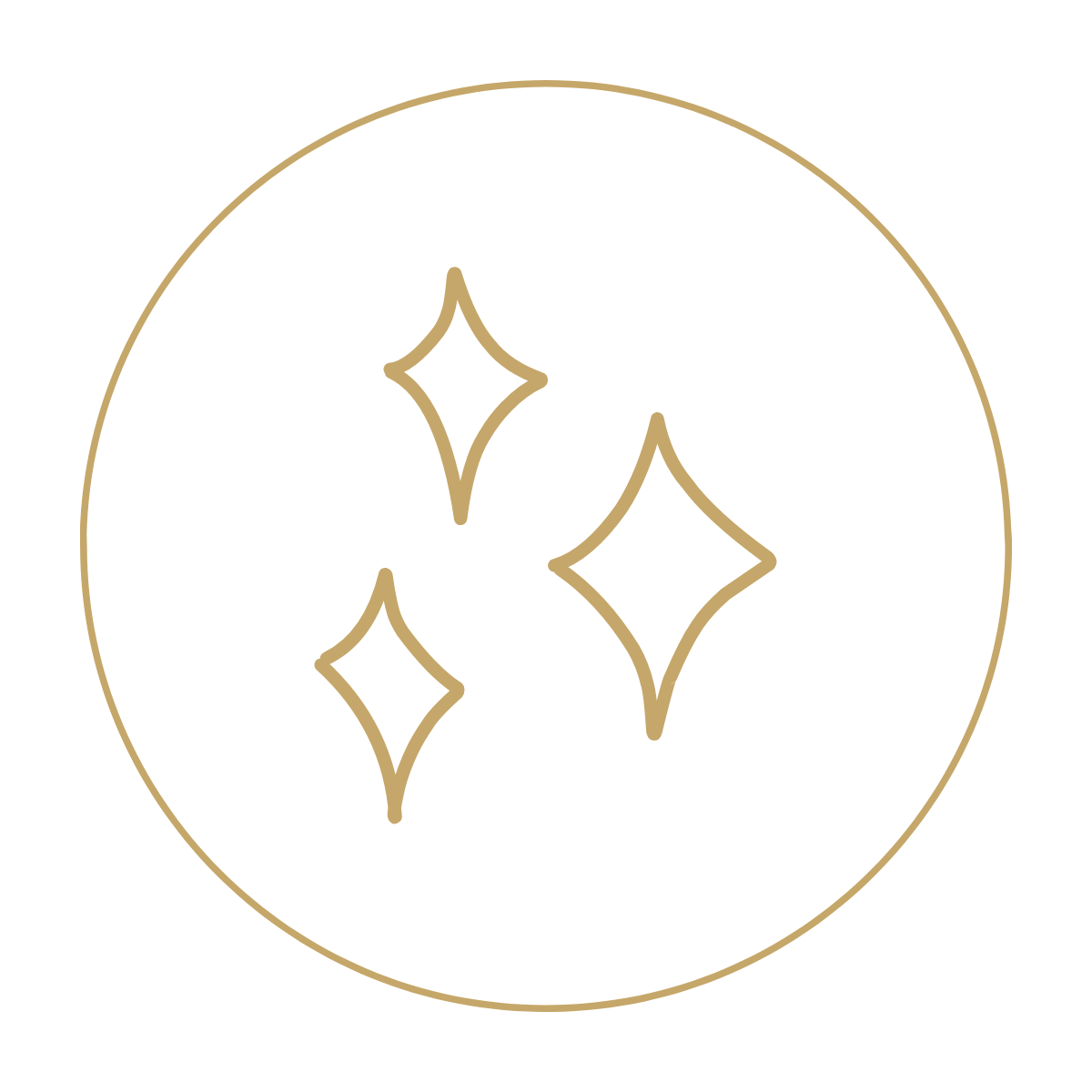 Minimalist line drawing of four star-shaped sparkles inside a circle, gold color.