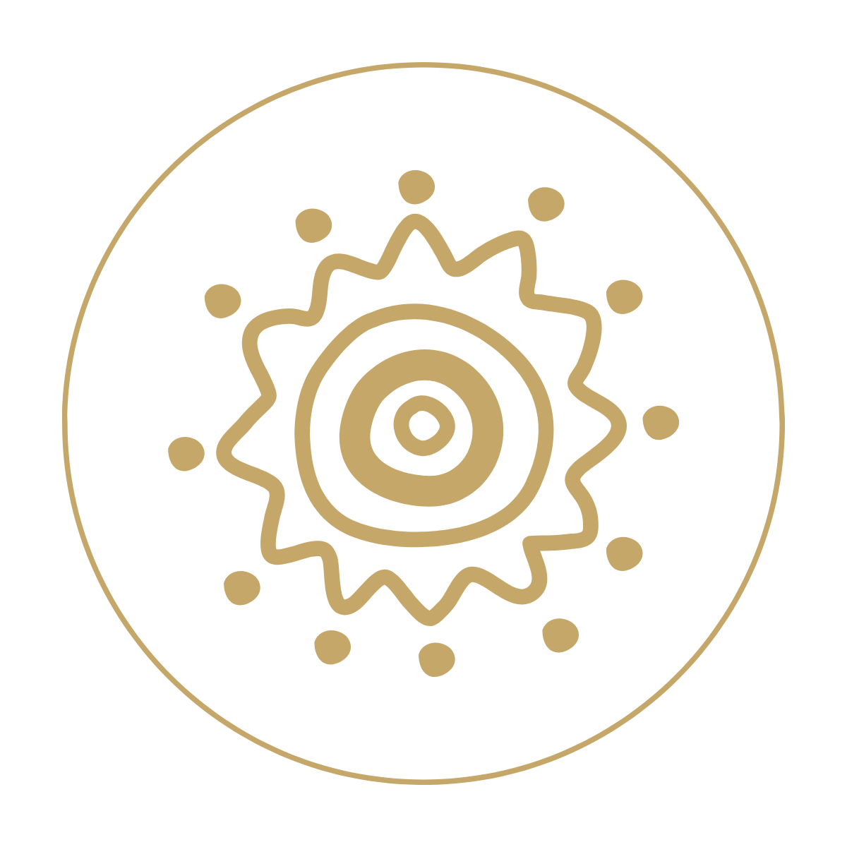 Gold abstract circular pattern with a central spiral surrounded by jagged edges and smaller dots, enclosed within a larger circle.