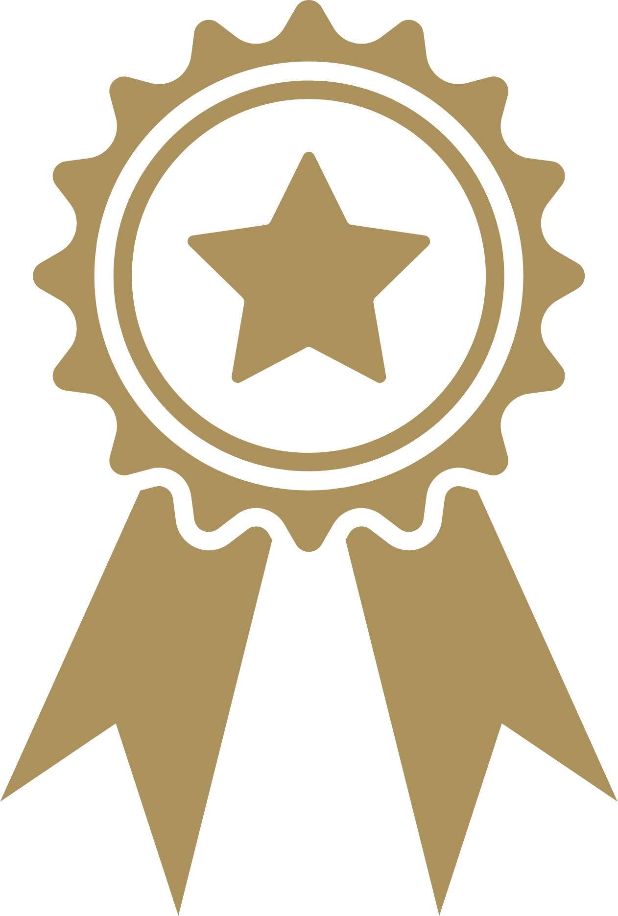 Gold award ribbon with a star in the center and two hanging ribbons.