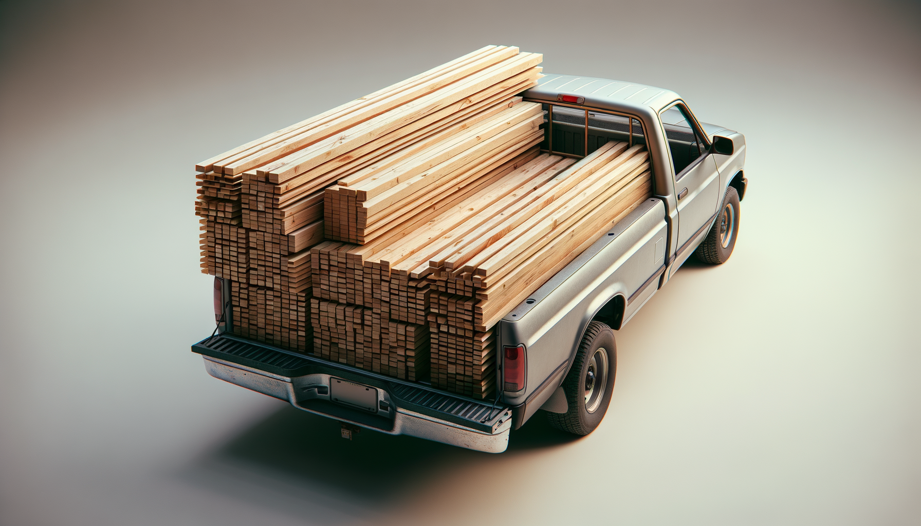 Silver pickup truck loaded with stacked lumber in the truck bed on a plain background.