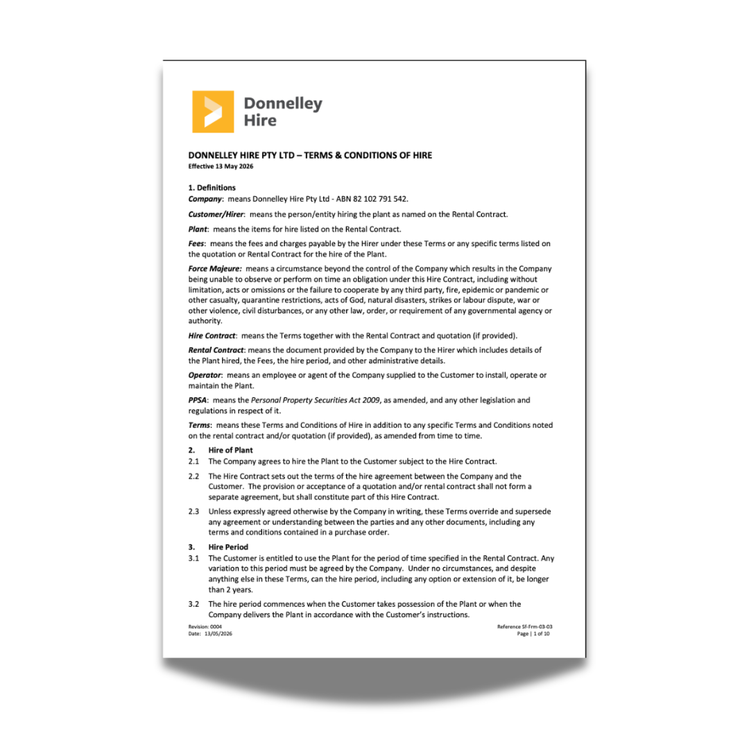 Page of a formal document titled Donnelley Hire, outlining terms and conditions of hire, including definitions, hire of plant, and hire period.