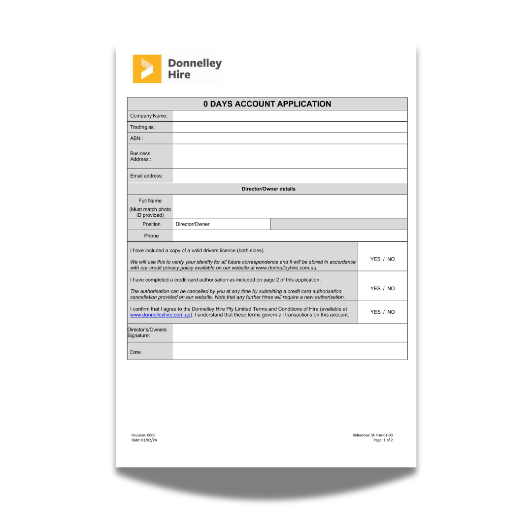 Donnelley Hire 0 days account application form with fields for company information, director details, and agreement confirmations.