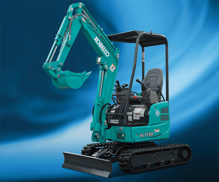 A small turquoise Kubota mini excavator with a black tracked base, hydraulic arm, and bucket, set against a dynamic blue background.