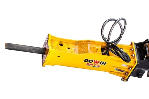 Yellow hydraulic cutter with black hoses and a gray metal blade on the front, labeled DOWIN DW 770.