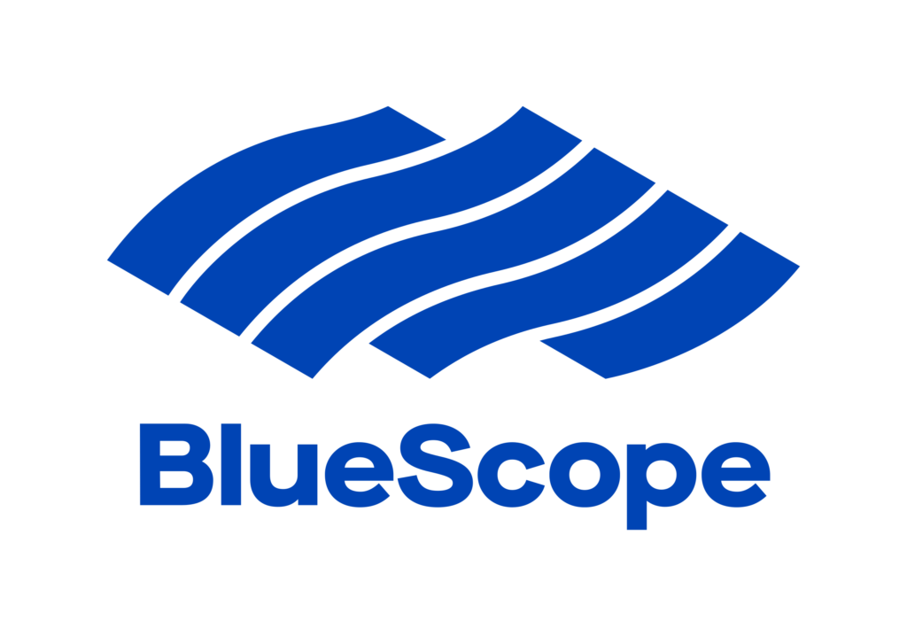 BlueScope logo featuring a stylized blue wavy pattern and the word 'BlueScope' in blue text underneath.