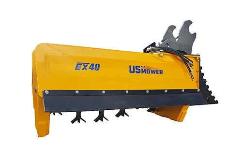 Yellow US Mower EX40 rotary mower attachment with black blades and mounting brackets