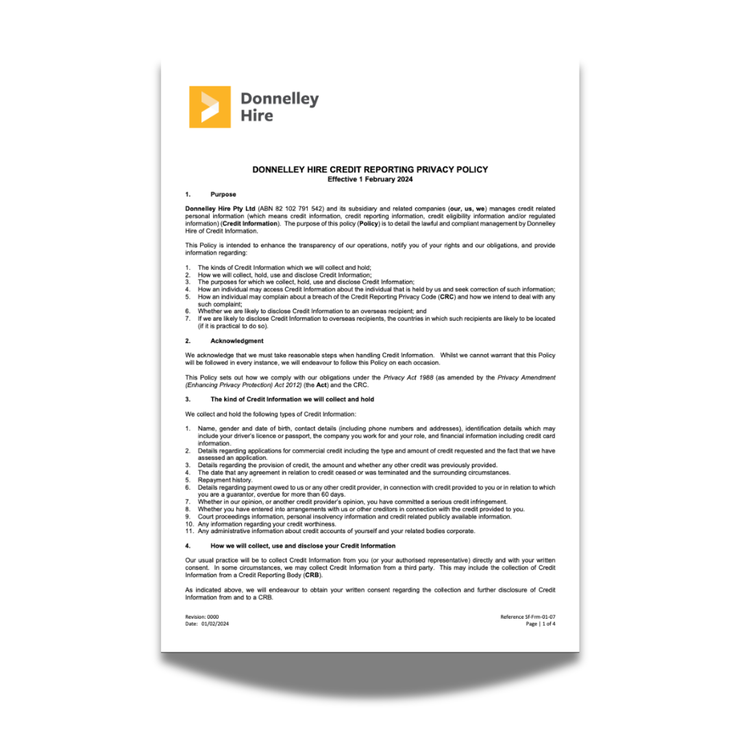 A privacy policy document from Donnelley Hire with text detailing credit reporting policies and procedures, dated February 1, 2024.