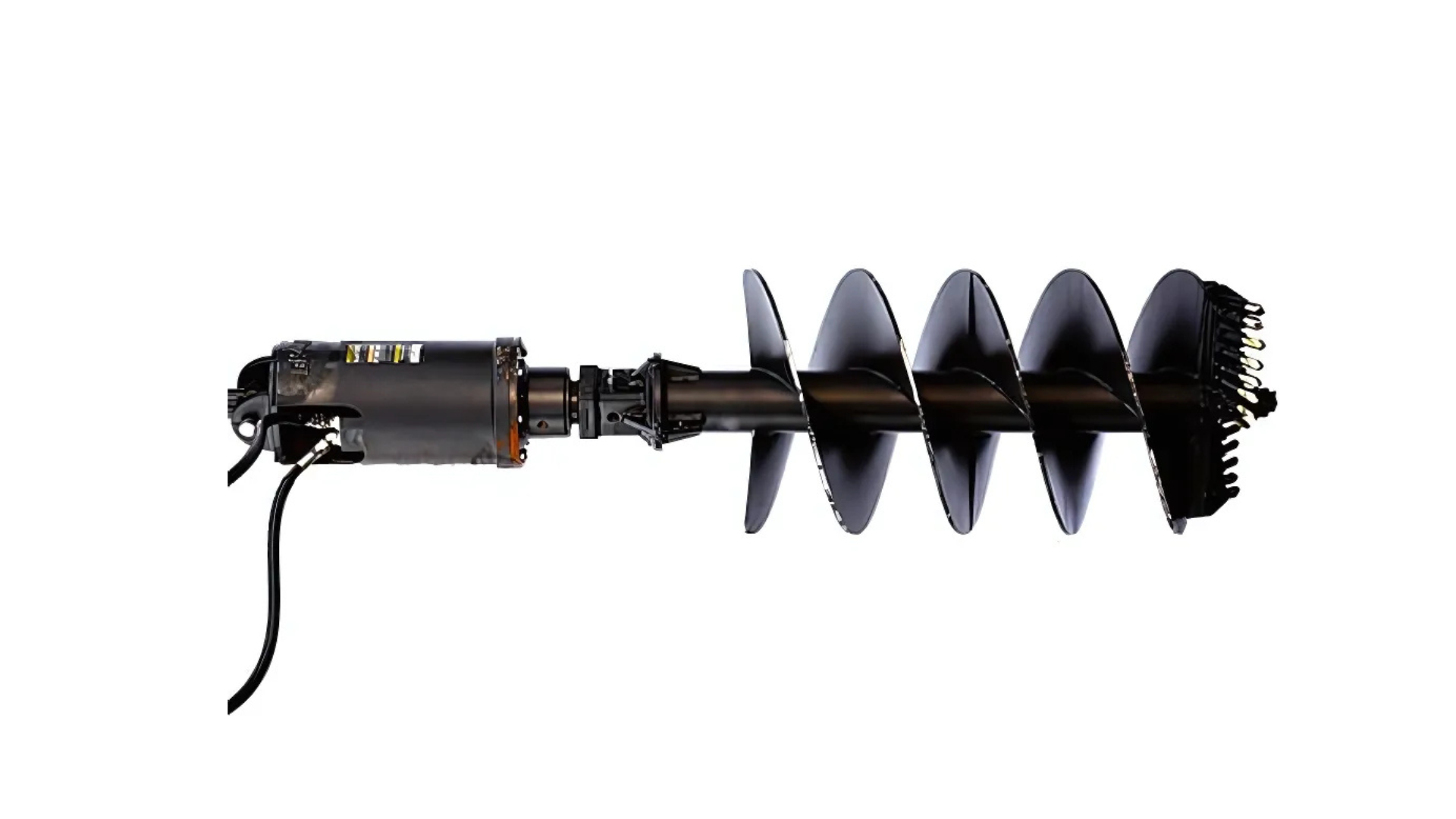 A large boat propeller with a black motor attached and a black power cord on the left side, isolated on a white background.