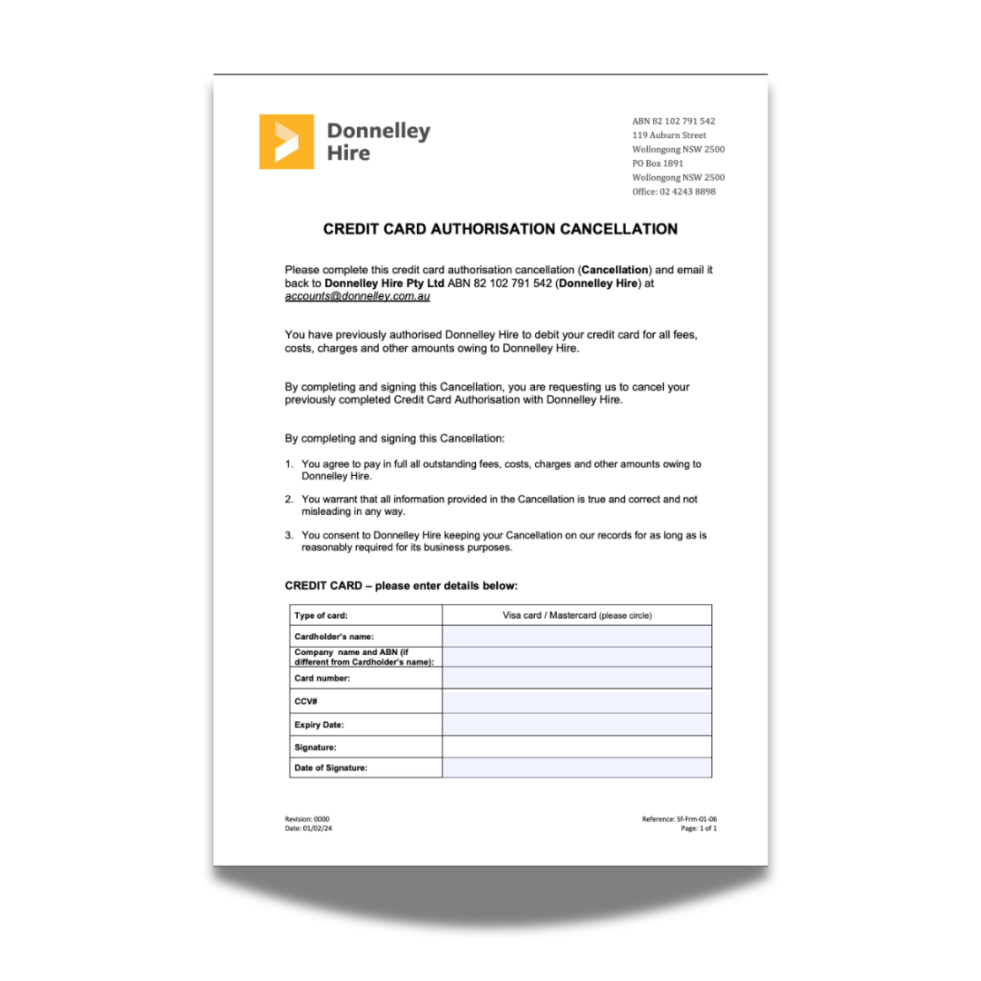A formal document from Donnelly Hire titled 'Credit Card Authorisation Cancellation', instructing to complete and email back to cancel a previous credit card authorization. Contains company contact details, a section for entering credit card information, and agreement statements.