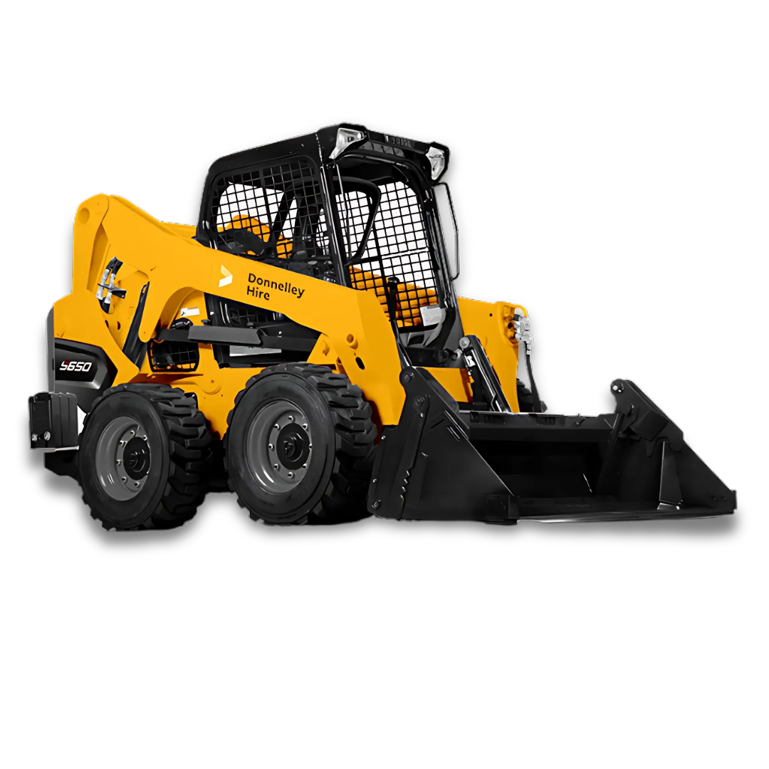 Yellow and black compact loader with a front bucket attachment, labeled 'Donnelley Hire' on the side, isolated on a black background.