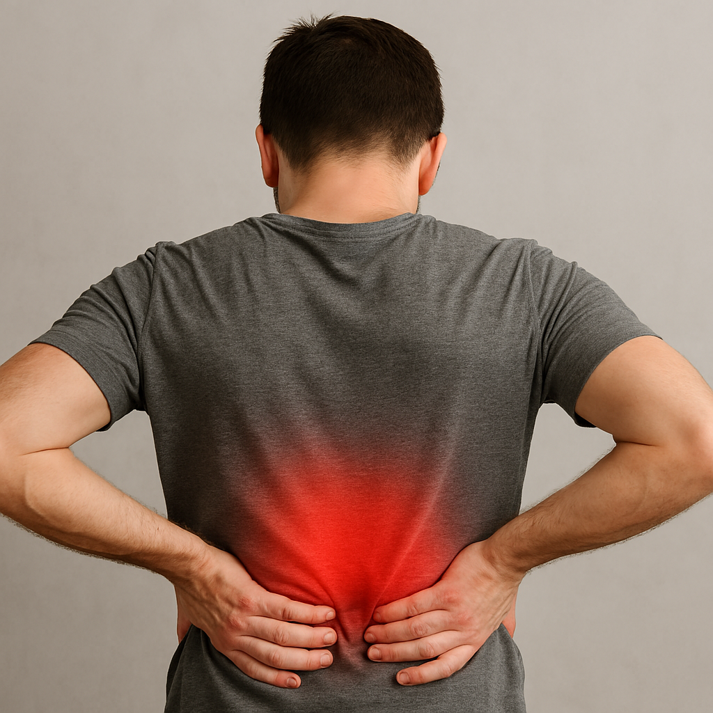 Man holding his lower back with the painful area highlighted in red