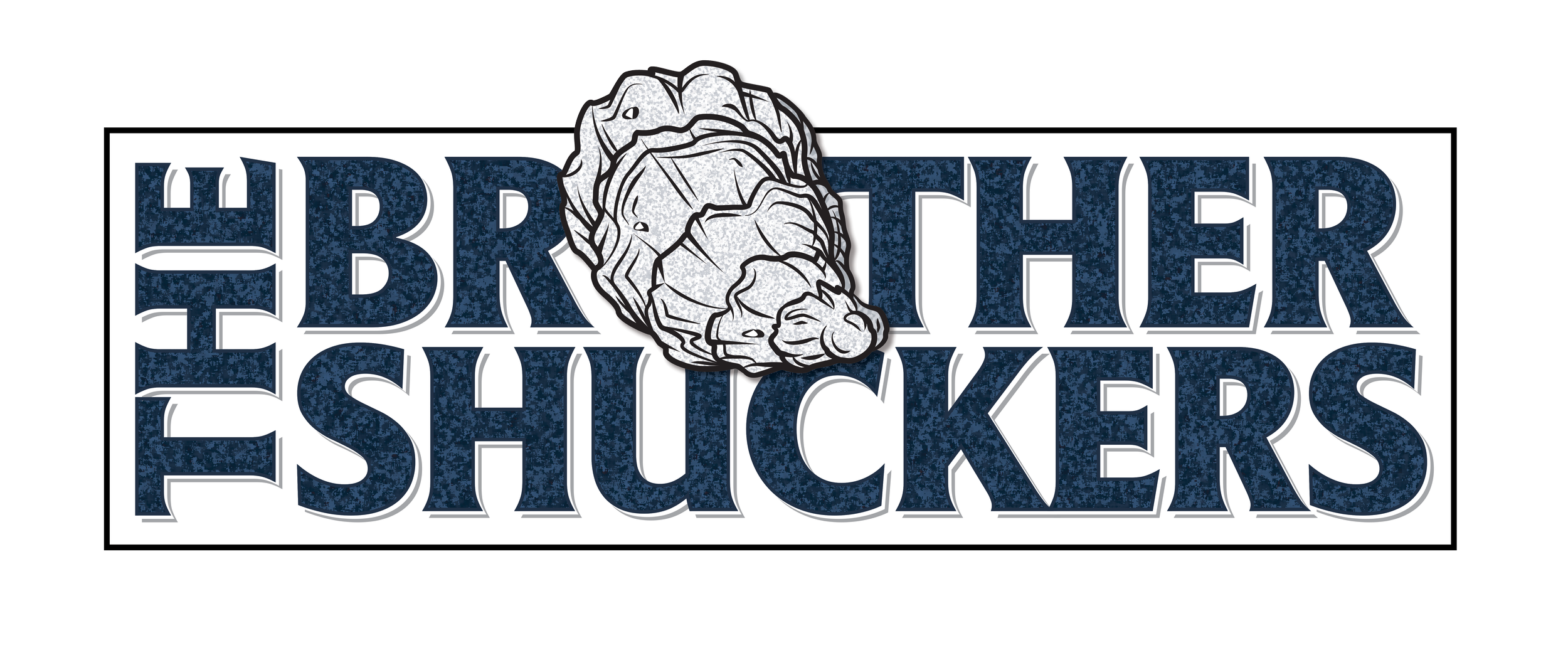 Logo for 'The Brother Shuckers' featuring stylized blue and black text with an illustration of an oyster.