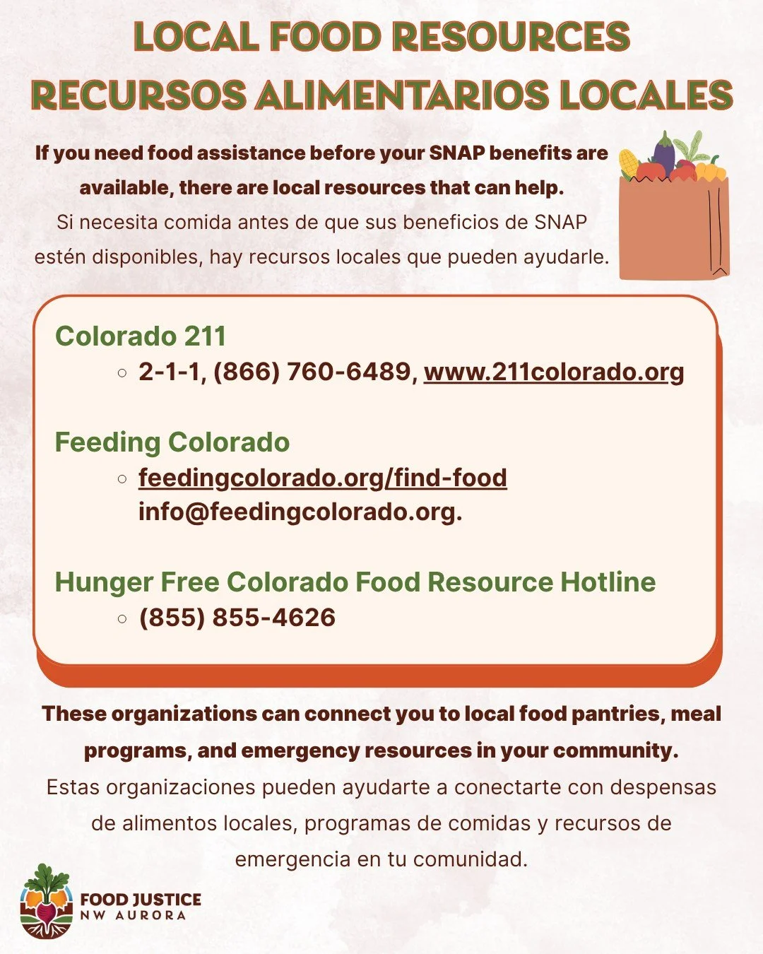 As of October 30, 2025:
- November SNAP benefits are on hold and will not be loaded onto EBT cards. EBT cards will still work at participating retailers if you have any leftover benefits. Double Up Food Bucks and Colorado SNAP Produce Bonus programs 