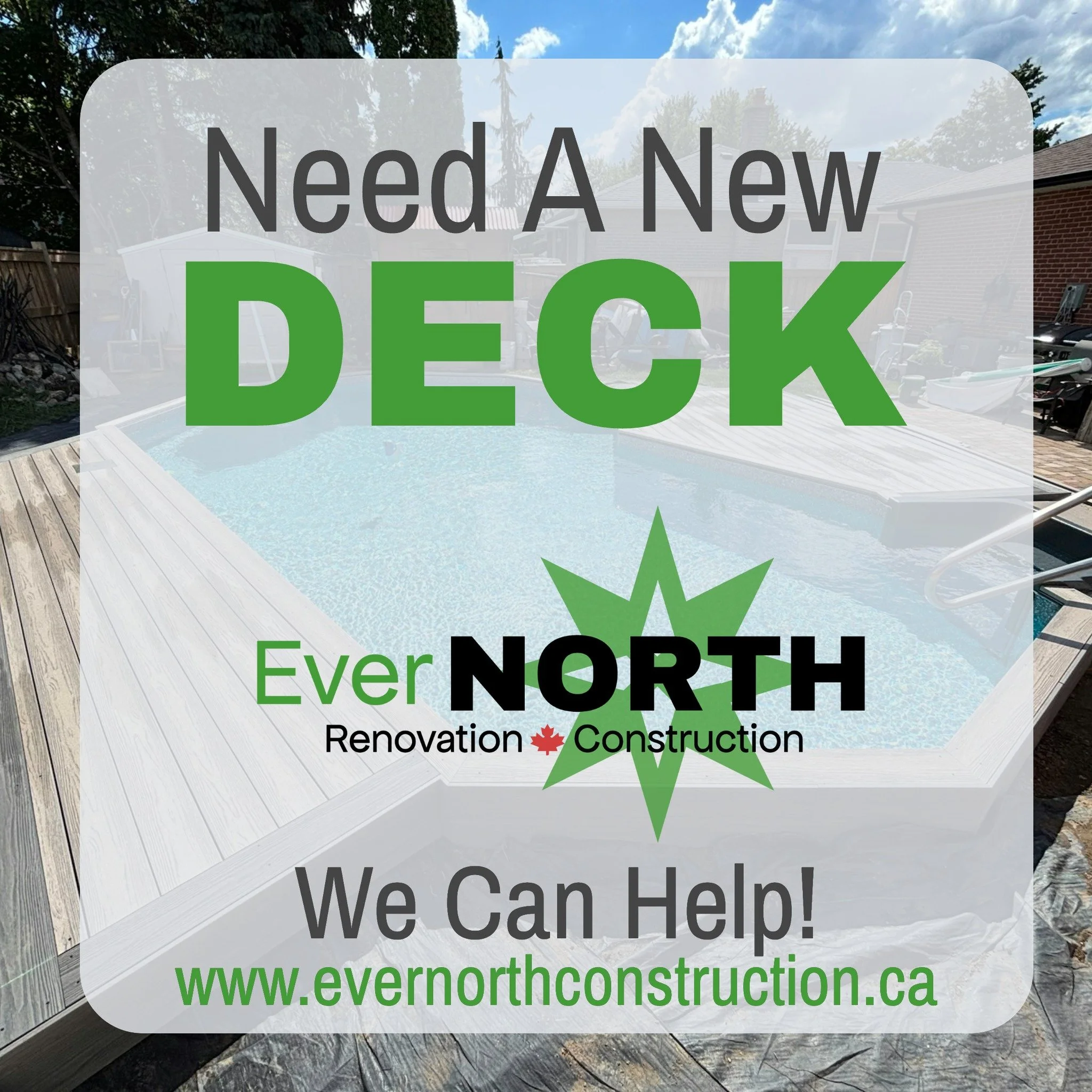 Does your deck need some TLC!! We here at EverNorth Construction can help! Our Team is your go to local contractor that checks all your boxes!!! ✅
✅ - 5+ Years Experience in Deck Design, and Construction
✅ - Free no obligation quote 
✅ - Free backyar